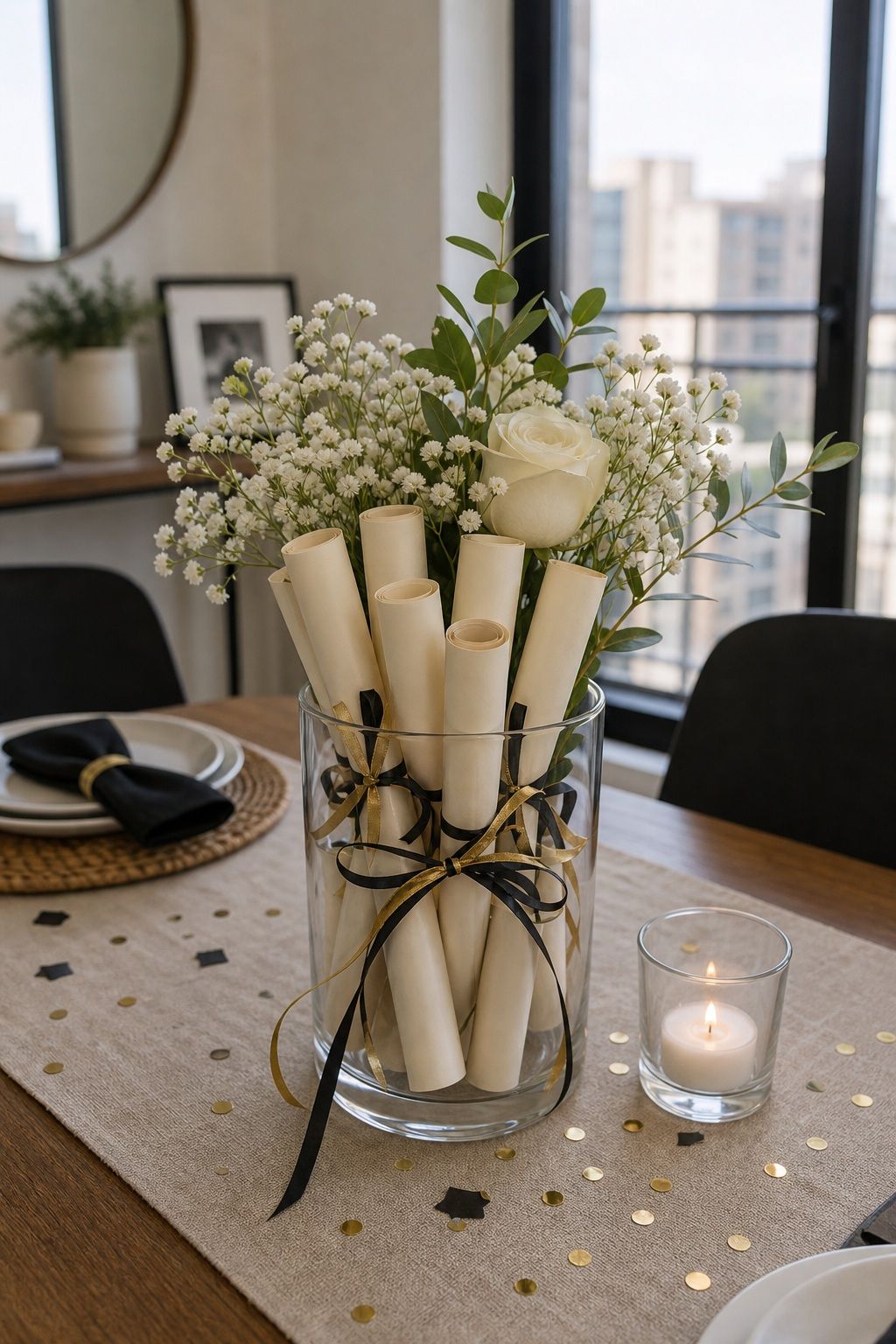 Diploma Scroll in a Ribbon-Tied Vase small apartment idea for Top 20 Creative Graduation Centerpieces to Elevate Your Celebration.