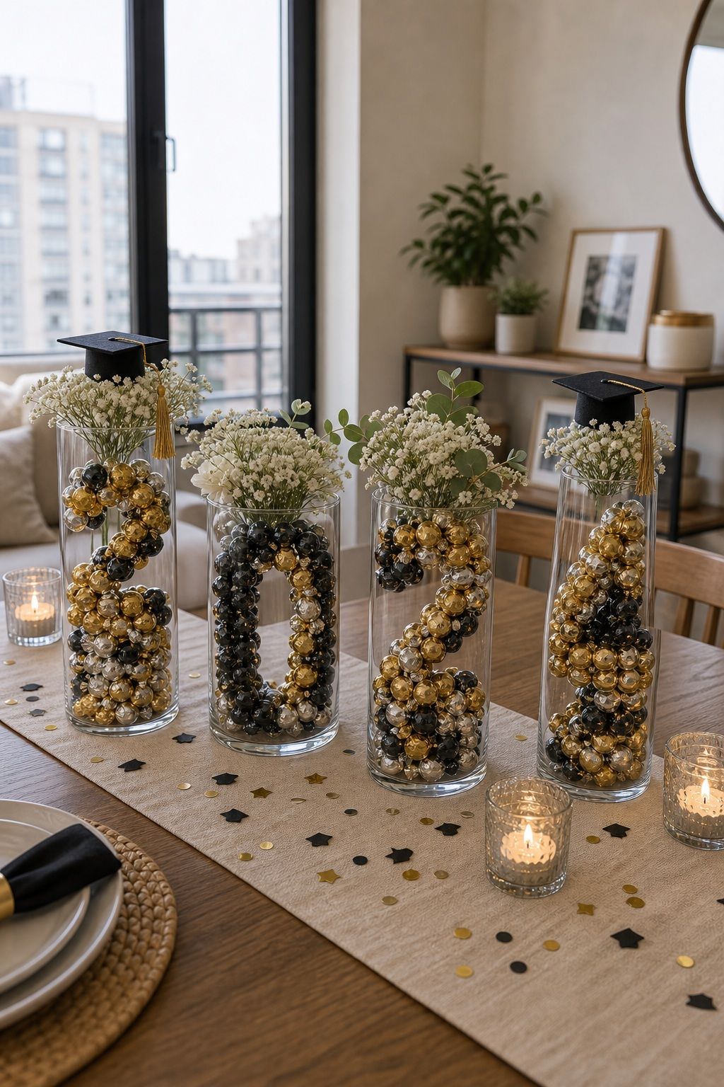 Candy-Filled Graduate Year Vases small apartment idea for Top 20 Creative Graduation Centerpieces to Elevate Your Celebration.