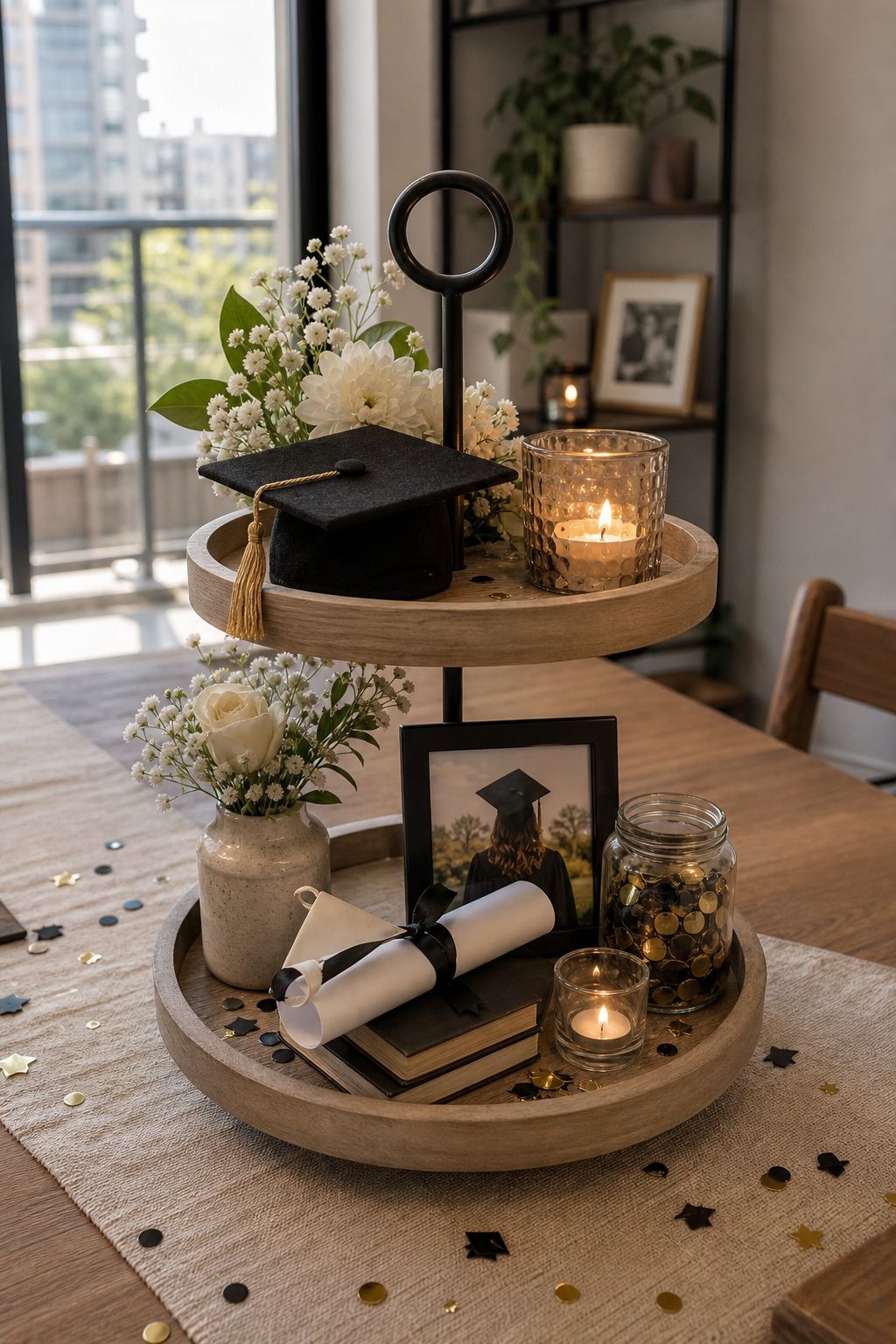 Tiered Tray Centerpiece small apartment idea for Top 20 Creative Graduation Centerpieces to Elevate Your Celebration.