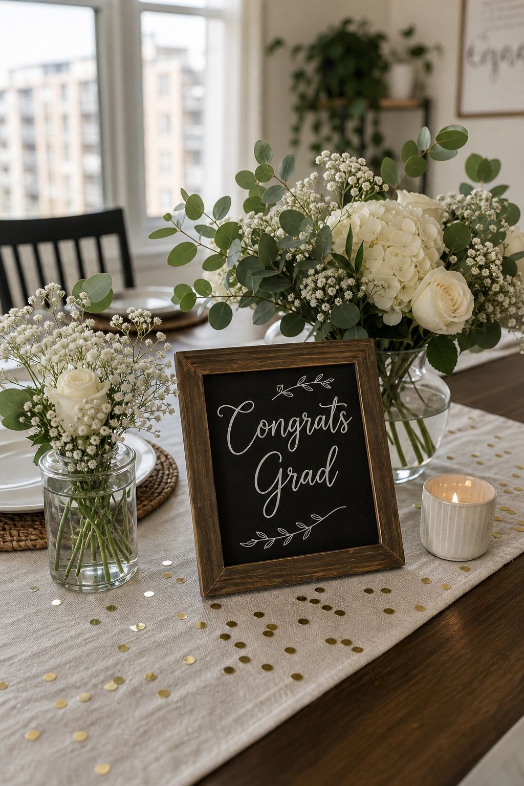 Framed Chalkboard Sign with Florals small apartment idea for Top 20 Creative Graduation Centerpieces to Elevate Your Celebration.
