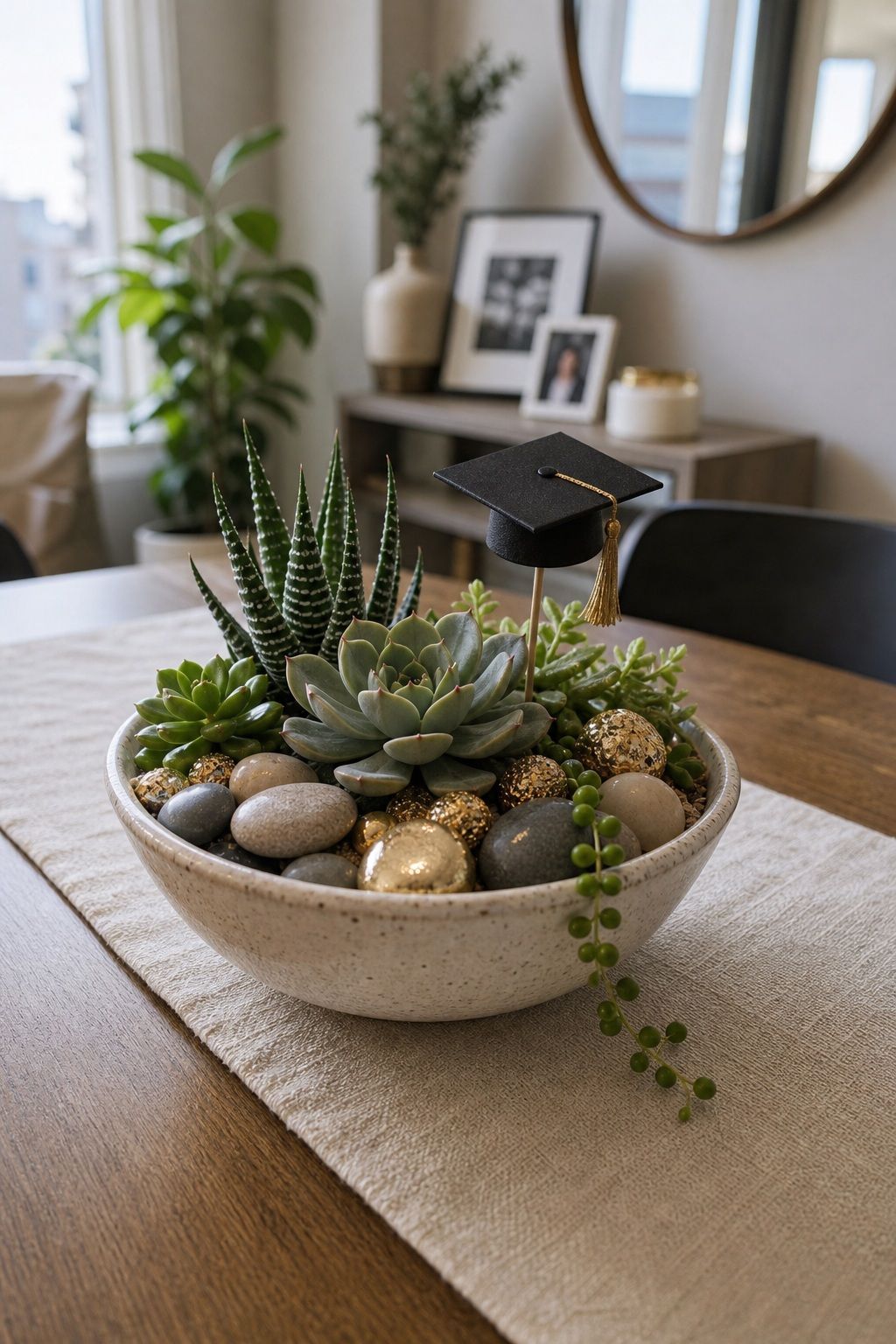 Succulent and Stone Arrangement small apartment idea for Top 20 Creative Graduation Centerpieces to Elevate Your Celebration.