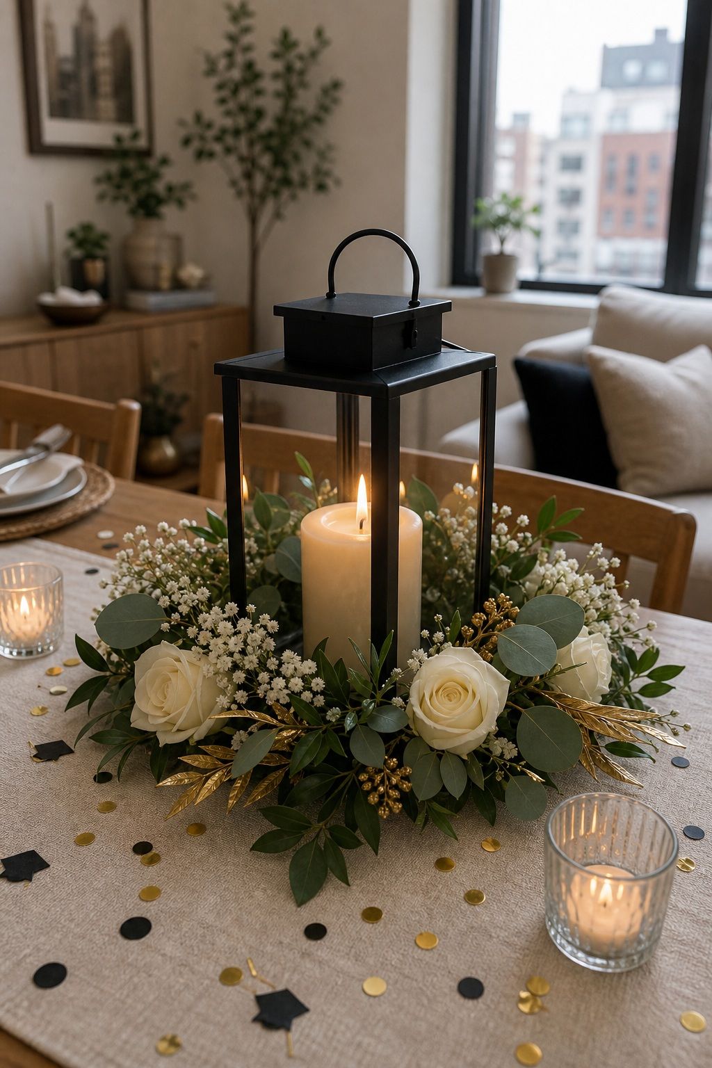 Lantern with Florals and a Candle small apartment idea for Top 20 Creative Graduation Centerpieces to Elevate Your Celebration.