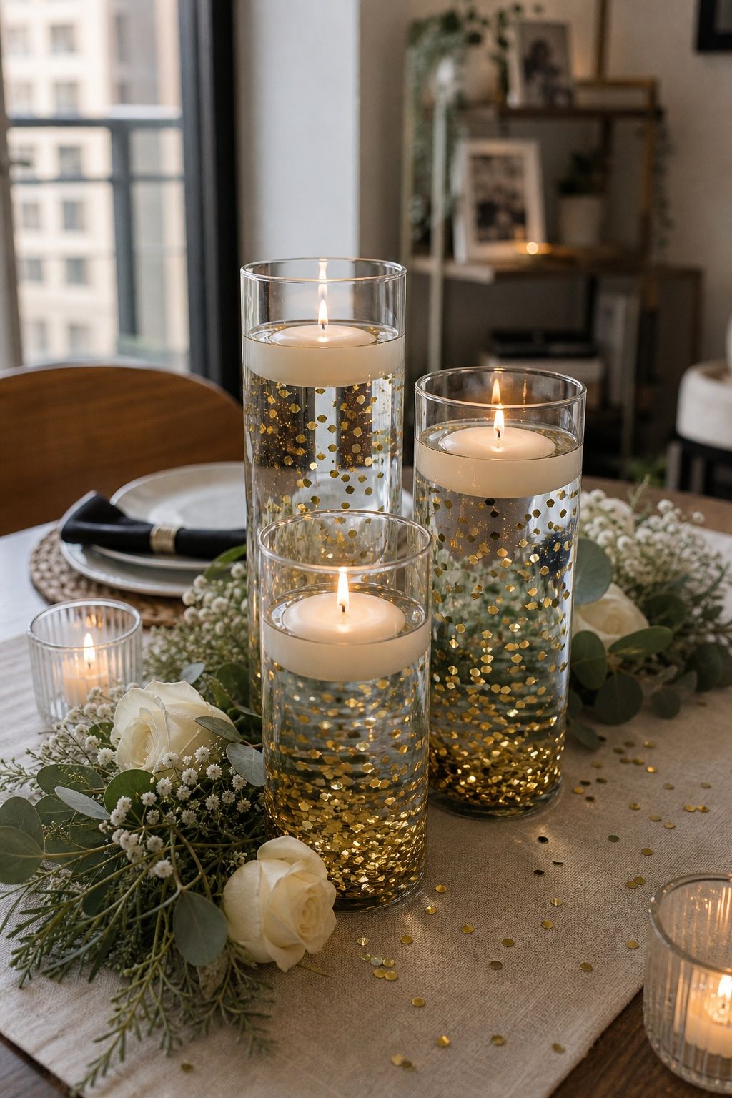 Gold Confetti-Filled Floating Candles small apartment idea for Top 20 Creative Graduation Centerpieces to Elevate Your Celebration.