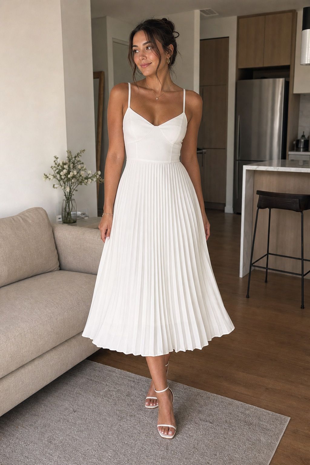 Pleated White Midi Dress small apartment idea for Top 16 Best White Graduation Dresses for Every Style and Ceremony.