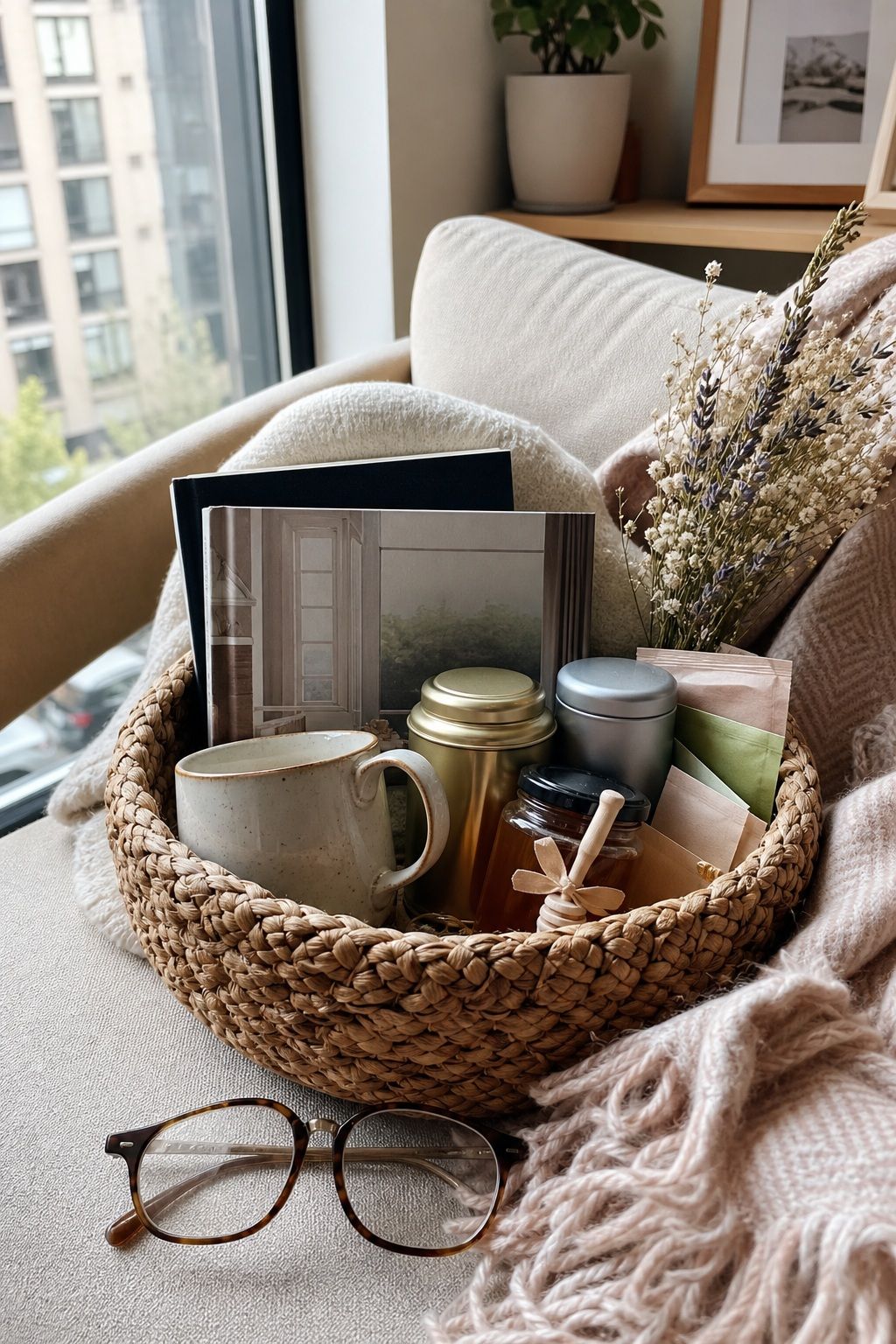 Tea Time and Cozy Reading Basket small apartment idea for Top 20 Mother's Day Gift Basket Ideas She Will Actually Use and Love.