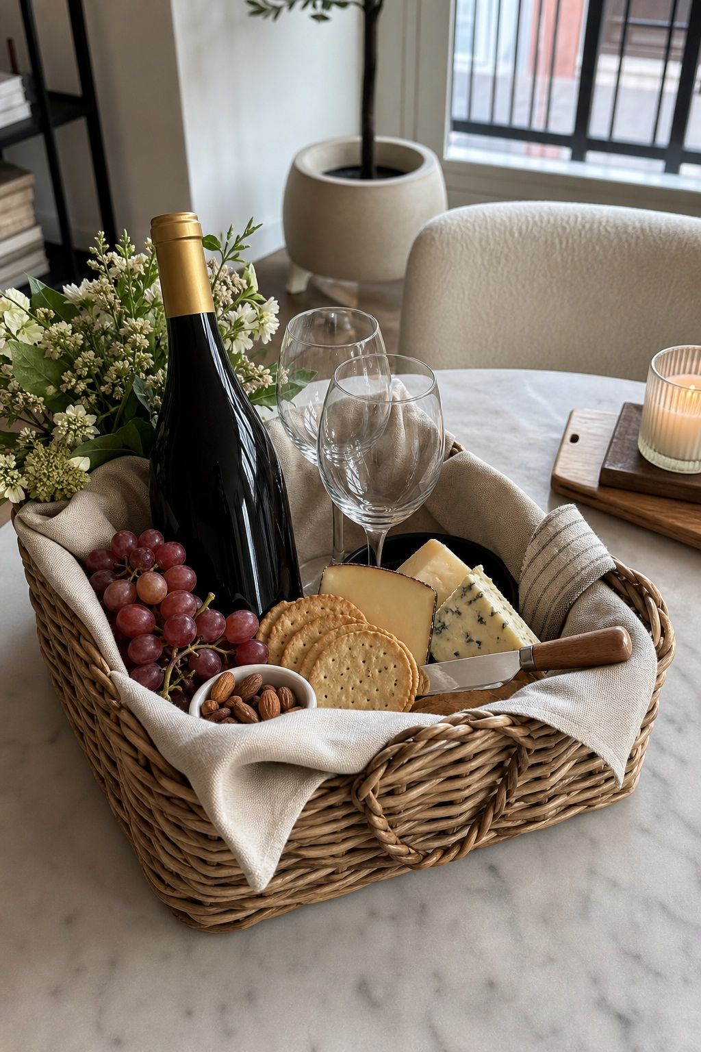 Wine and Cheese Night Basket small apartment idea for Top 20 Mother's Day Gift Basket Ideas She Will Actually Use and Love.