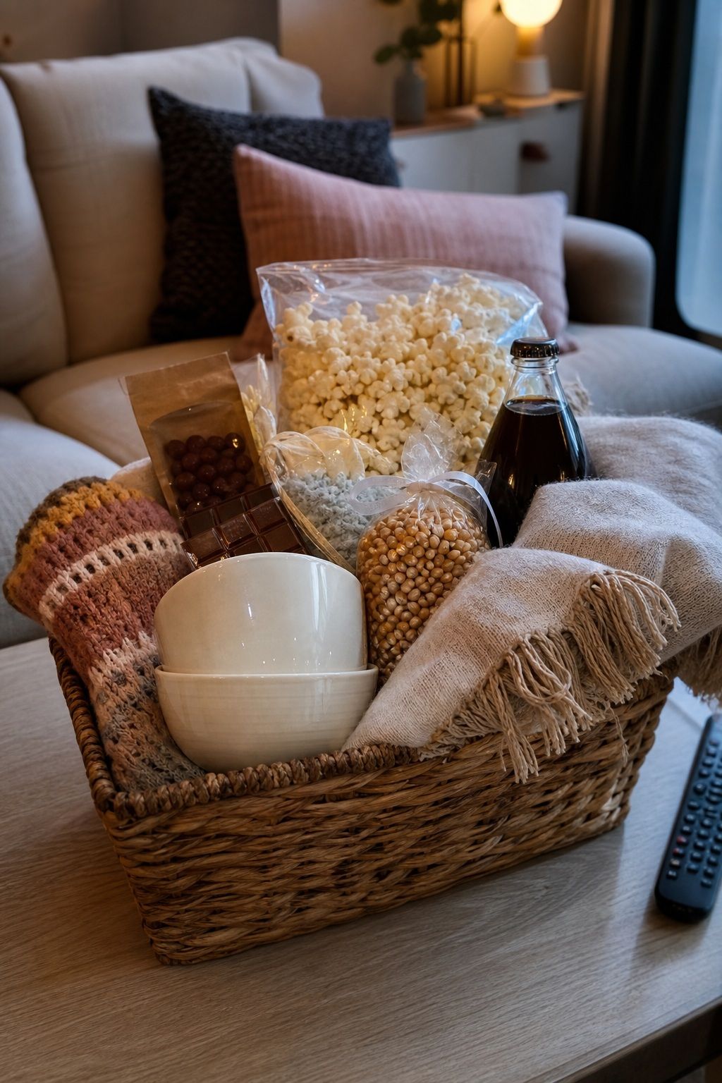 Movie Night Basket small apartment idea for Top 20 Mother's Day Gift Basket Ideas She Will Actually Use and Love.