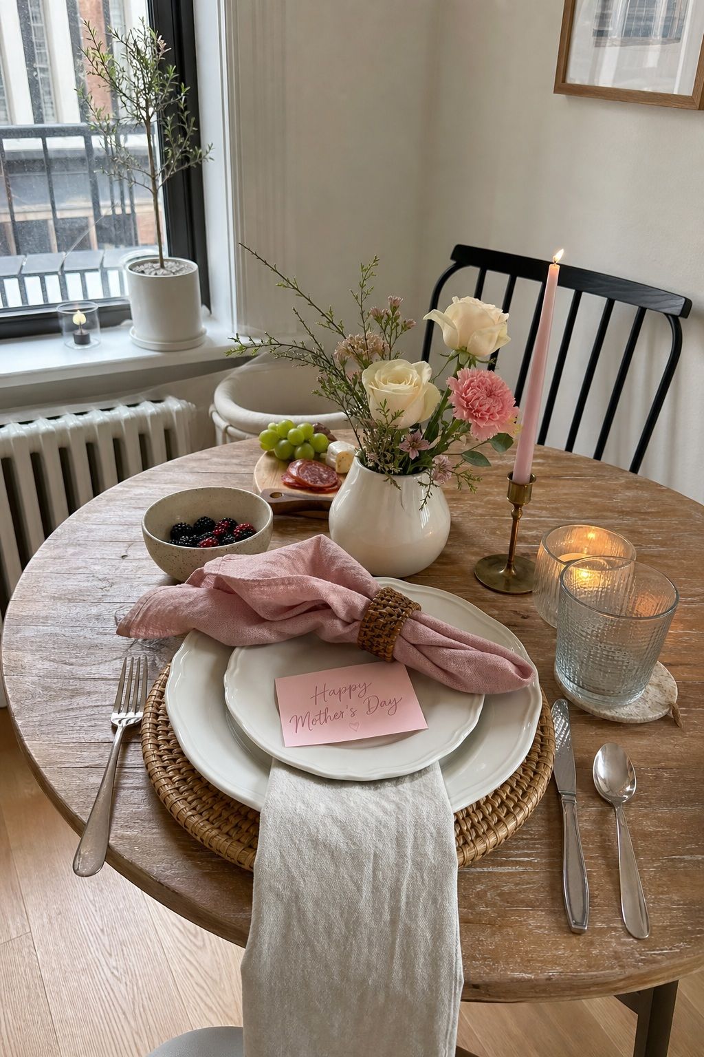 Layered Linen and Charger Plate Setting small apartment idea for Top 18 Mother’s Day Tablescape Ideas for Small-Space Hosting.