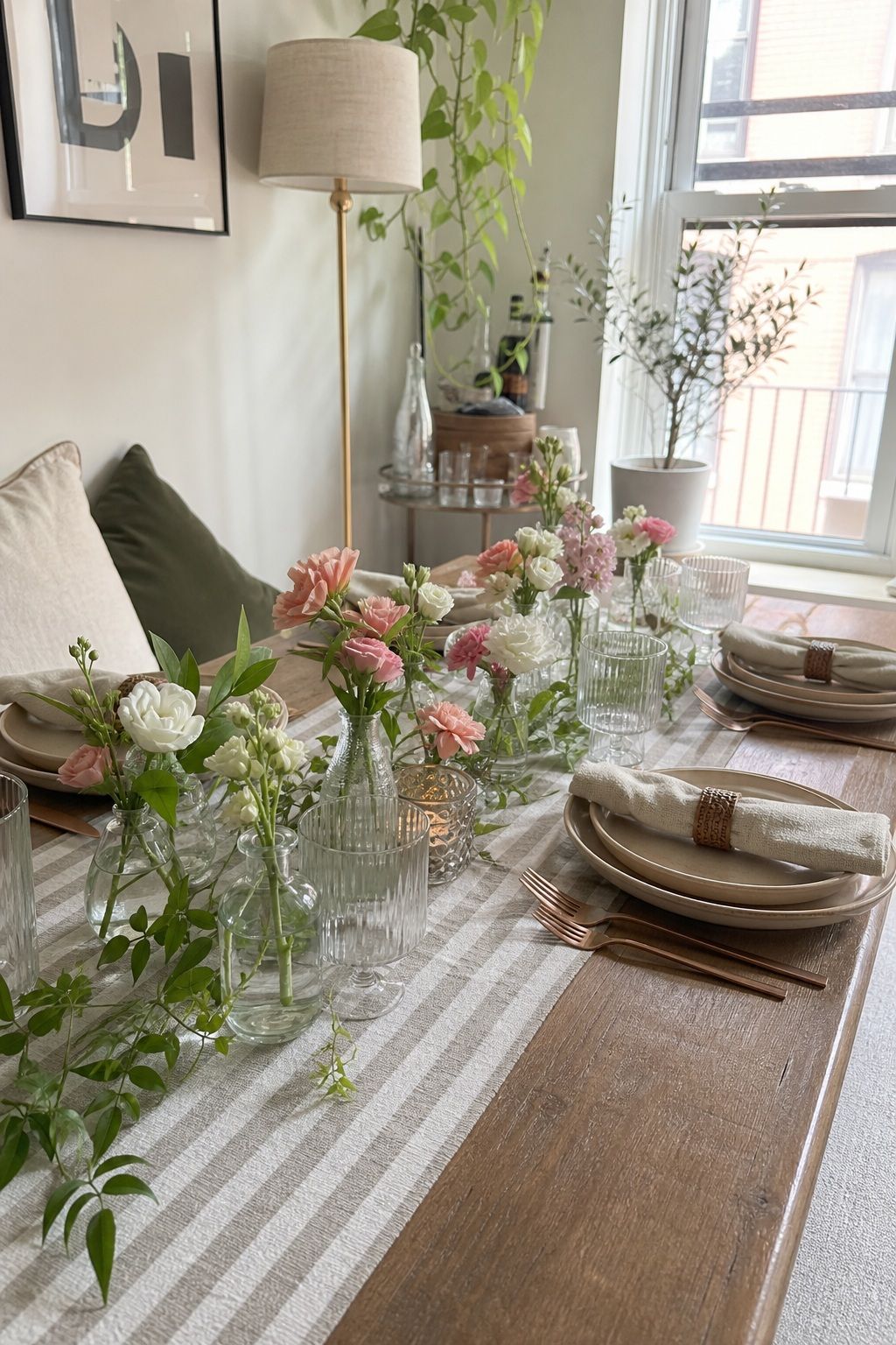 Floral Runner with Bud Vases small apartment idea for Top 18 Mother’s Day Tablescape Ideas for Small-Space Hosting.
