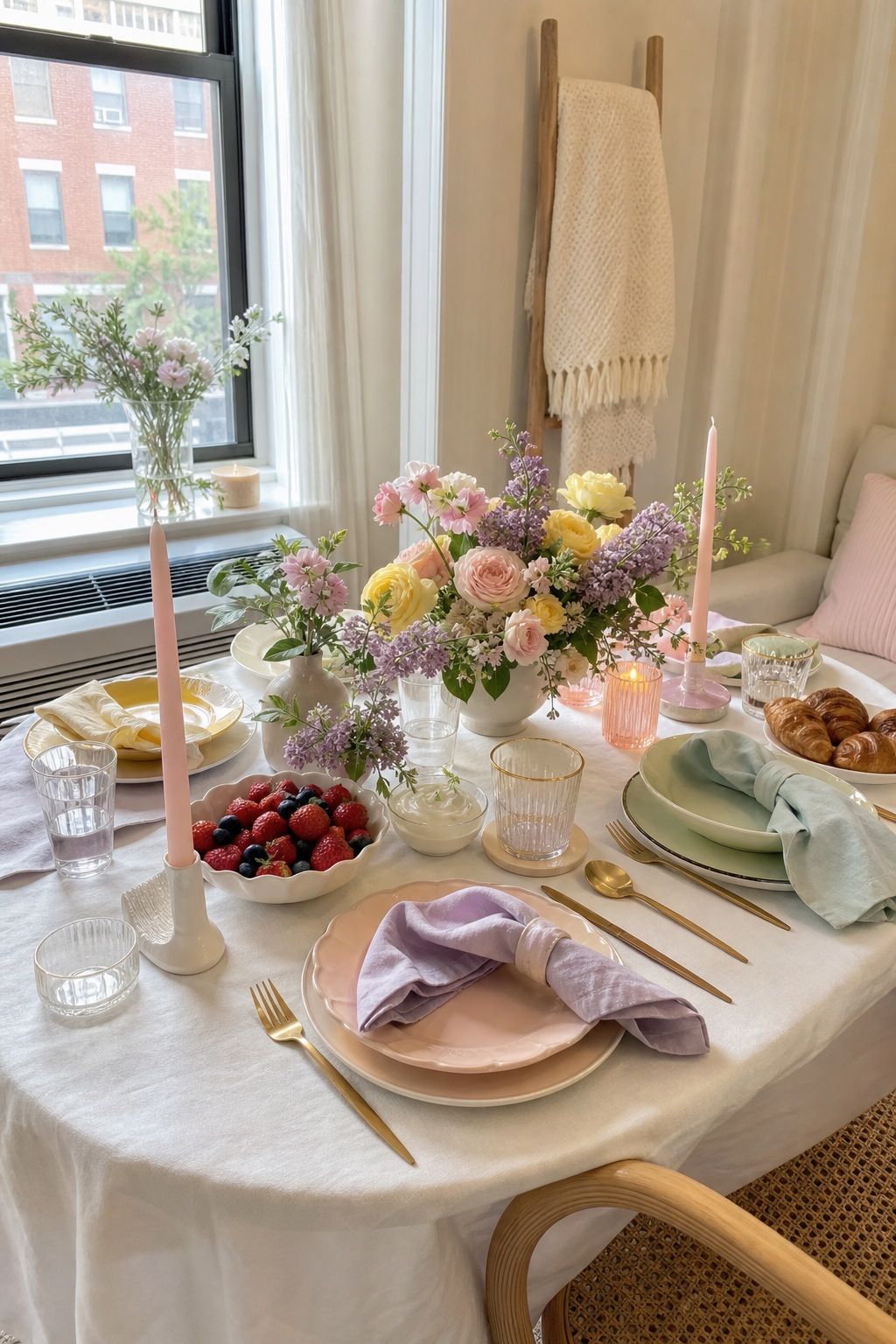 Pastel Color Story Tablescape small apartment idea for Top 18 Mother’s Day Tablescape Ideas for Small-Space Hosting.