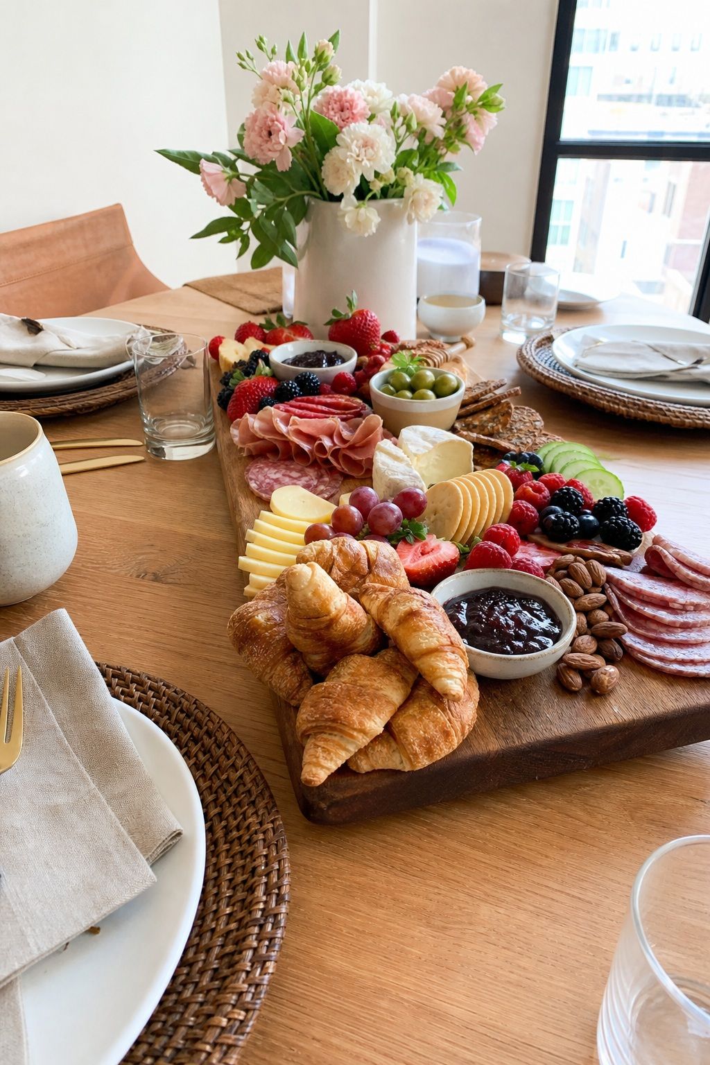 Brunch Charcuterie Board Centerpiece small apartment idea for Top 18 Mother’s Day Tablescape Ideas for Small-Space Hosting.