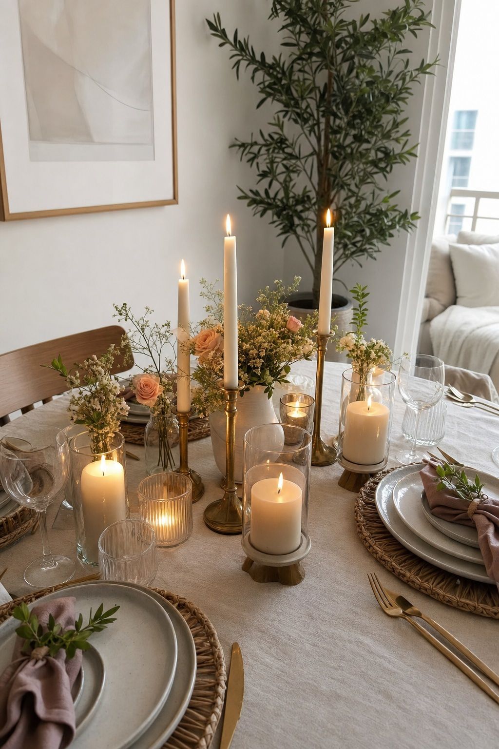 Candle Cluster Centerpiece small apartment idea for Top 18 Mother’s Day Tablescape Ideas for Small-Space Hosting.