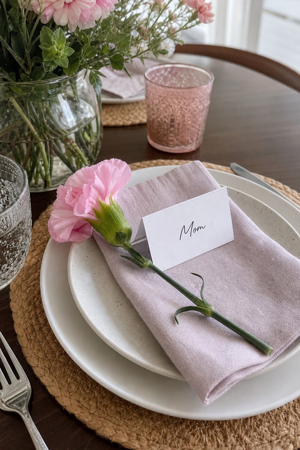 Place Card with Fresh Flower Stem small apartment idea for Top 18 Mother’s Day Tablescape Ideas for Small-Space Hosting.