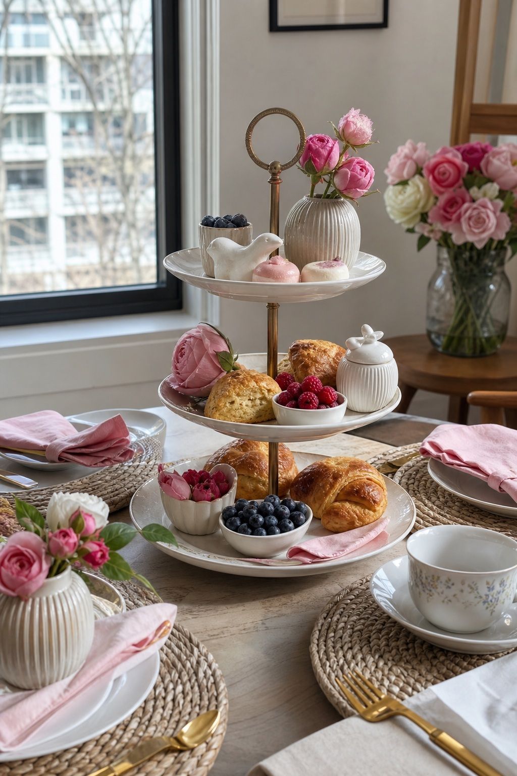Tiered Tray Styled Centerpiece small apartment idea for Top 18 Mother’s Day Tablescape Ideas for Small-Space Hosting.