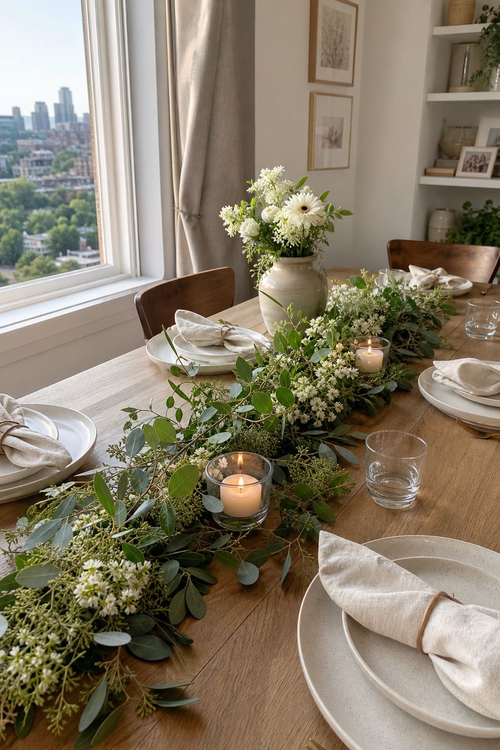 Natural Greenery Table Runner small apartment idea for Top 18 Mother’s Day Tablescape Ideas for Small-Space Hosting.