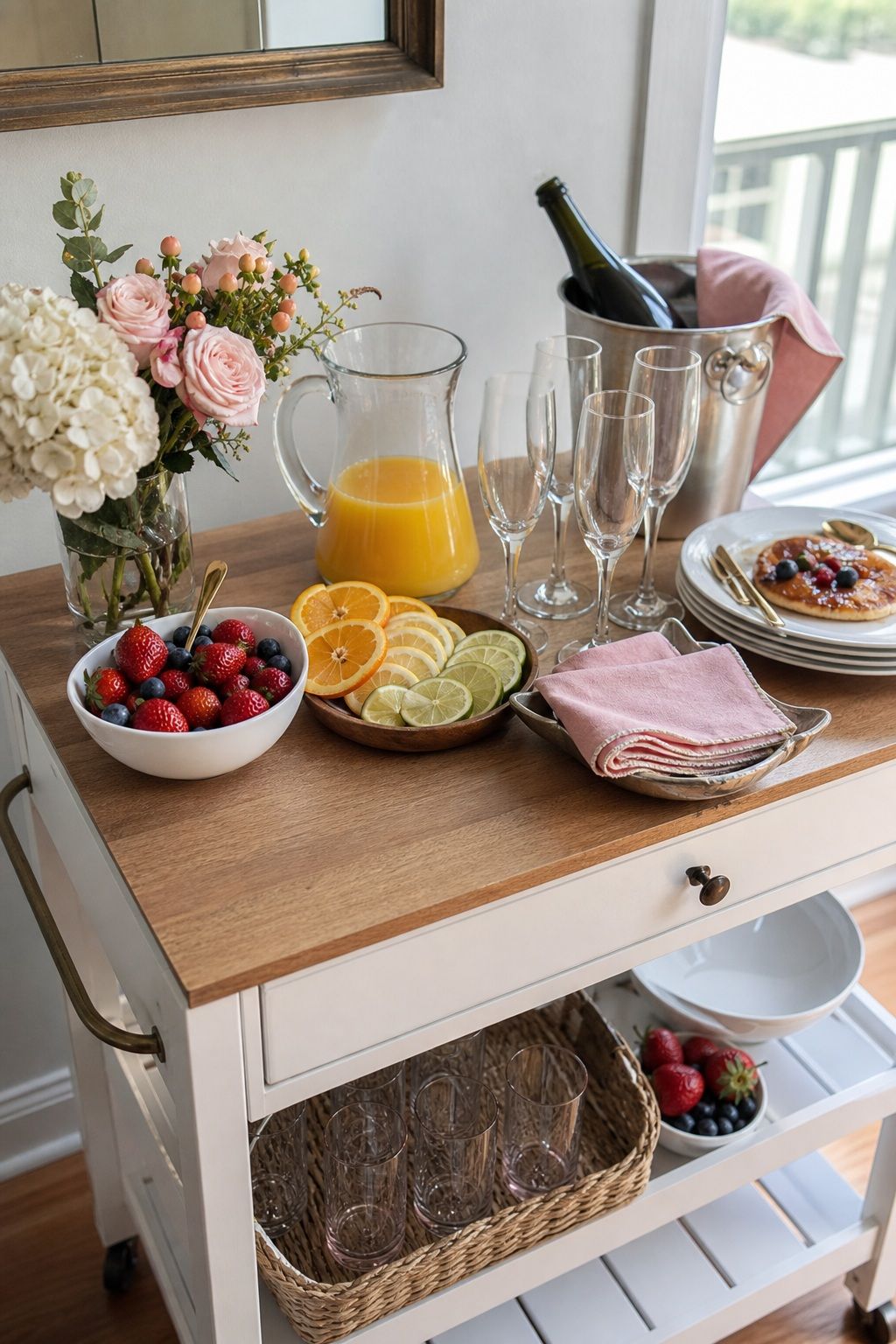 Mimosa Bar Table Setup small apartment idea for Top 18 Mother’s Day Tablescape Ideas for Small-Space Hosting.