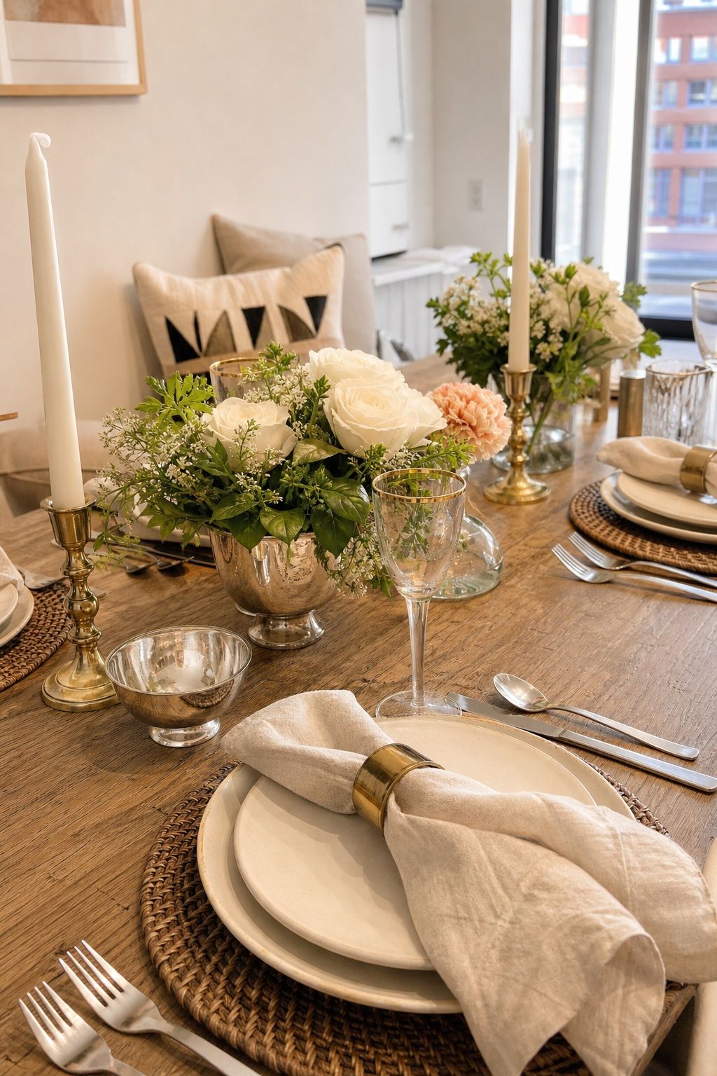 Mixed Metal Accents Tablescape small apartment idea for Top 18 Mother’s Day Tablescape Ideas for Small-Space Hosting.