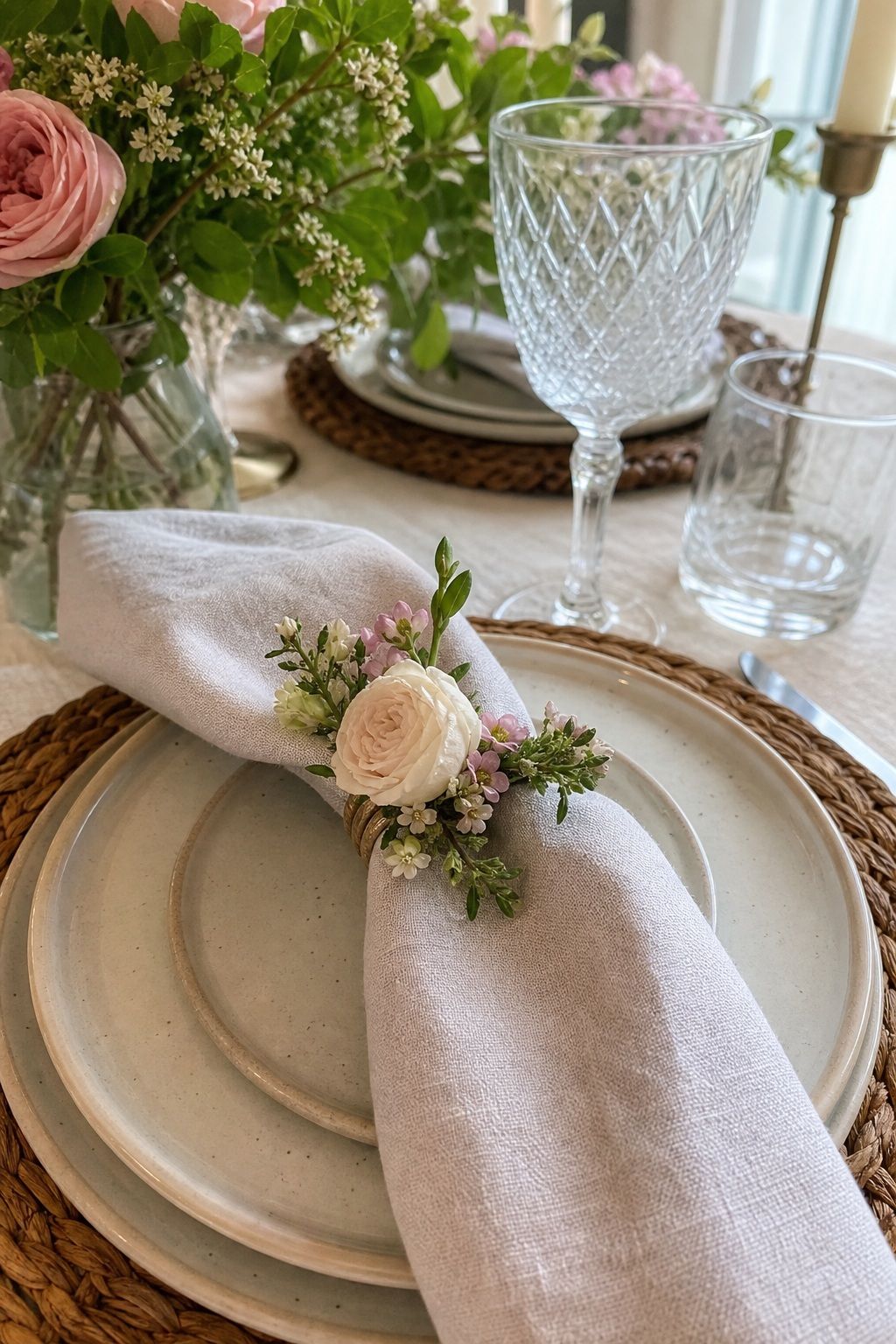 Floral Napkin Ring Setting small apartment idea for Top 18 Mother’s Day Tablescape Ideas for Small-Space Hosting.