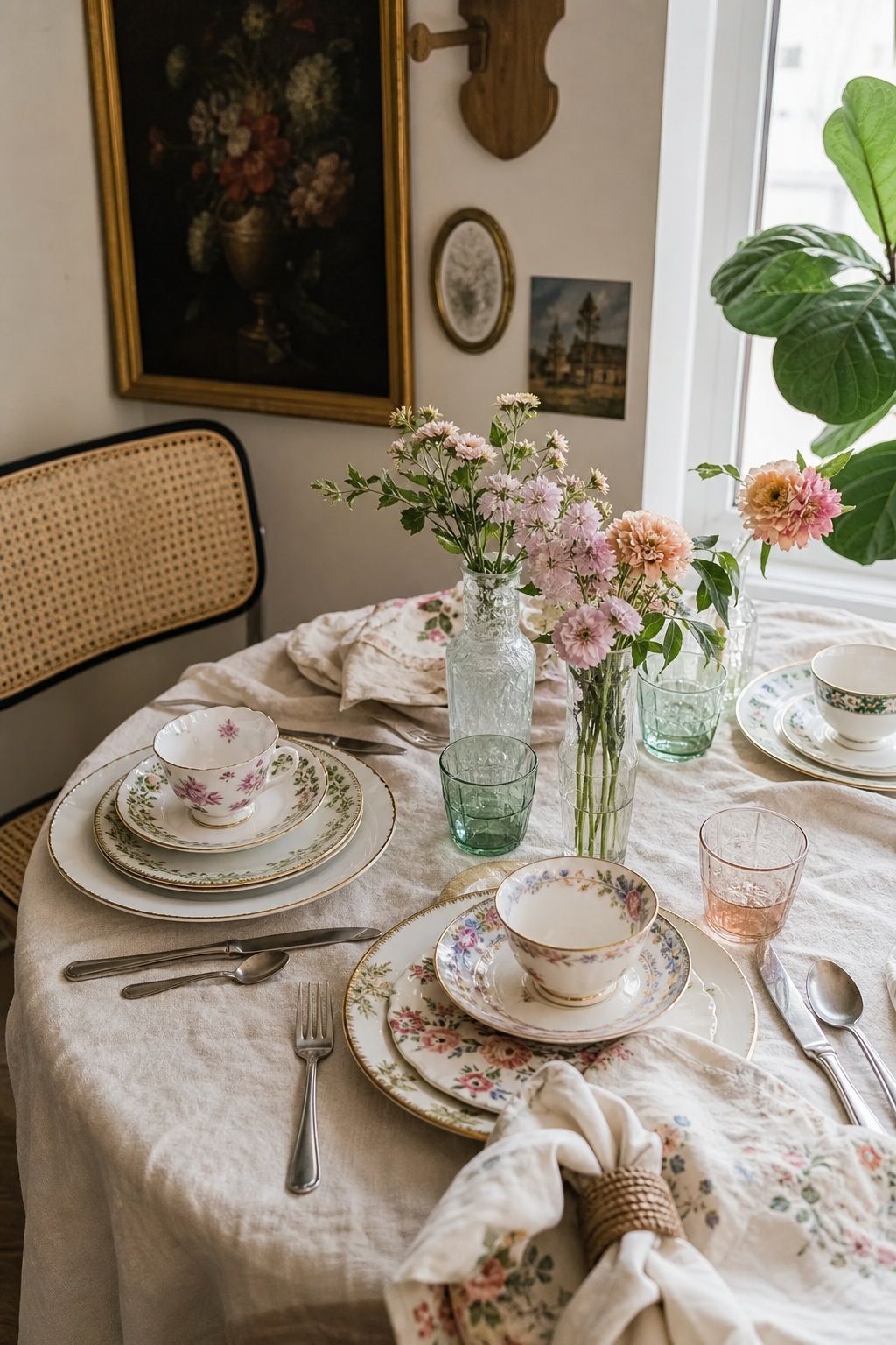 Vintage China Mix-and-Match Tablescape small apartment idea for Top 18 Mother’s Day Tablescape Ideas for Small-Space Hosting.