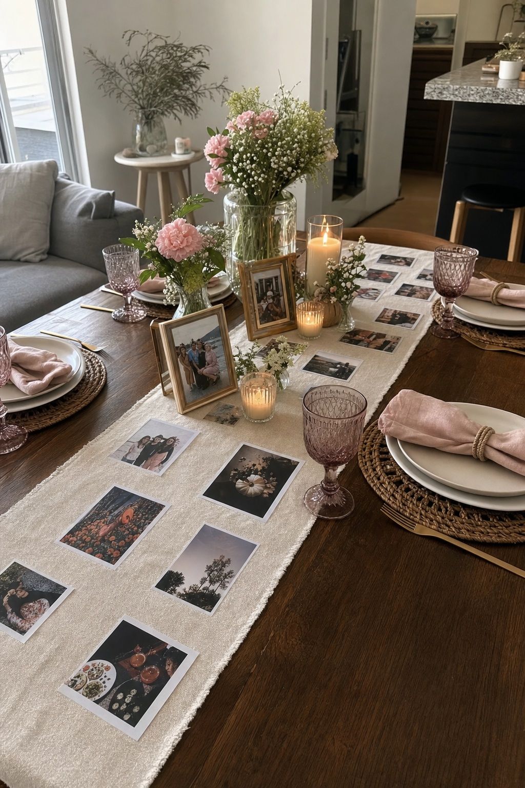 Photo Display Table Runner small apartment idea for Top 18 Mother’s Day Tablescape Ideas for Small-Space Hosting.