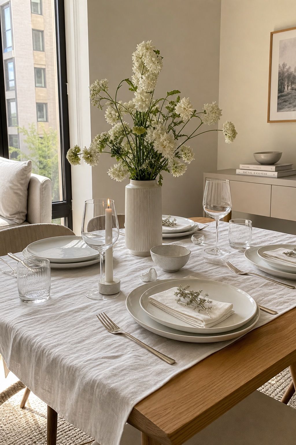 Minimal Monochrome White Tablescape small apartment idea for Top 18 Mother’s Day Tablescape Ideas for Small-Space Hosting.