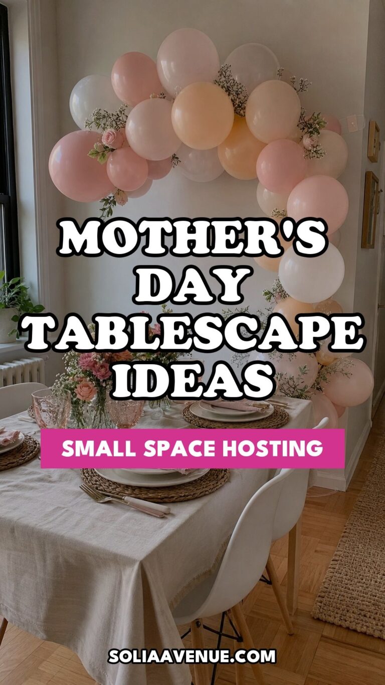 Pinterest pin for Top 18 Mother’s Day Tablescape Ideas for Small-Space Hosting from Solia Avenue.