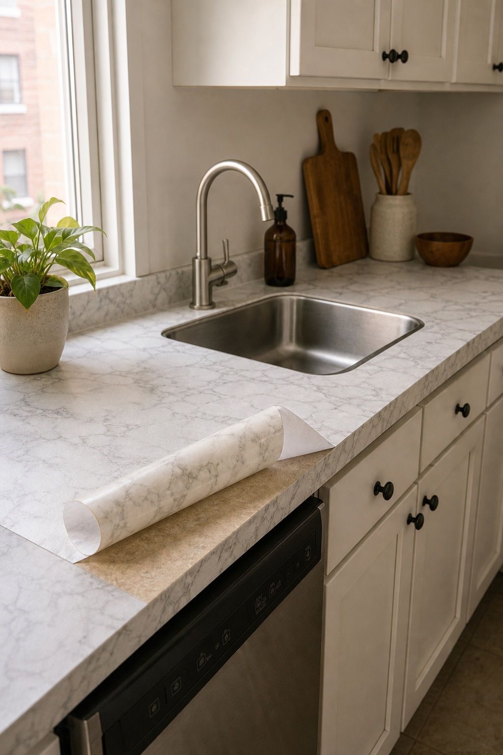 Contact Paper on Countertops small apartment idea for Top 20 Best Rental Small Apartment Hacks.