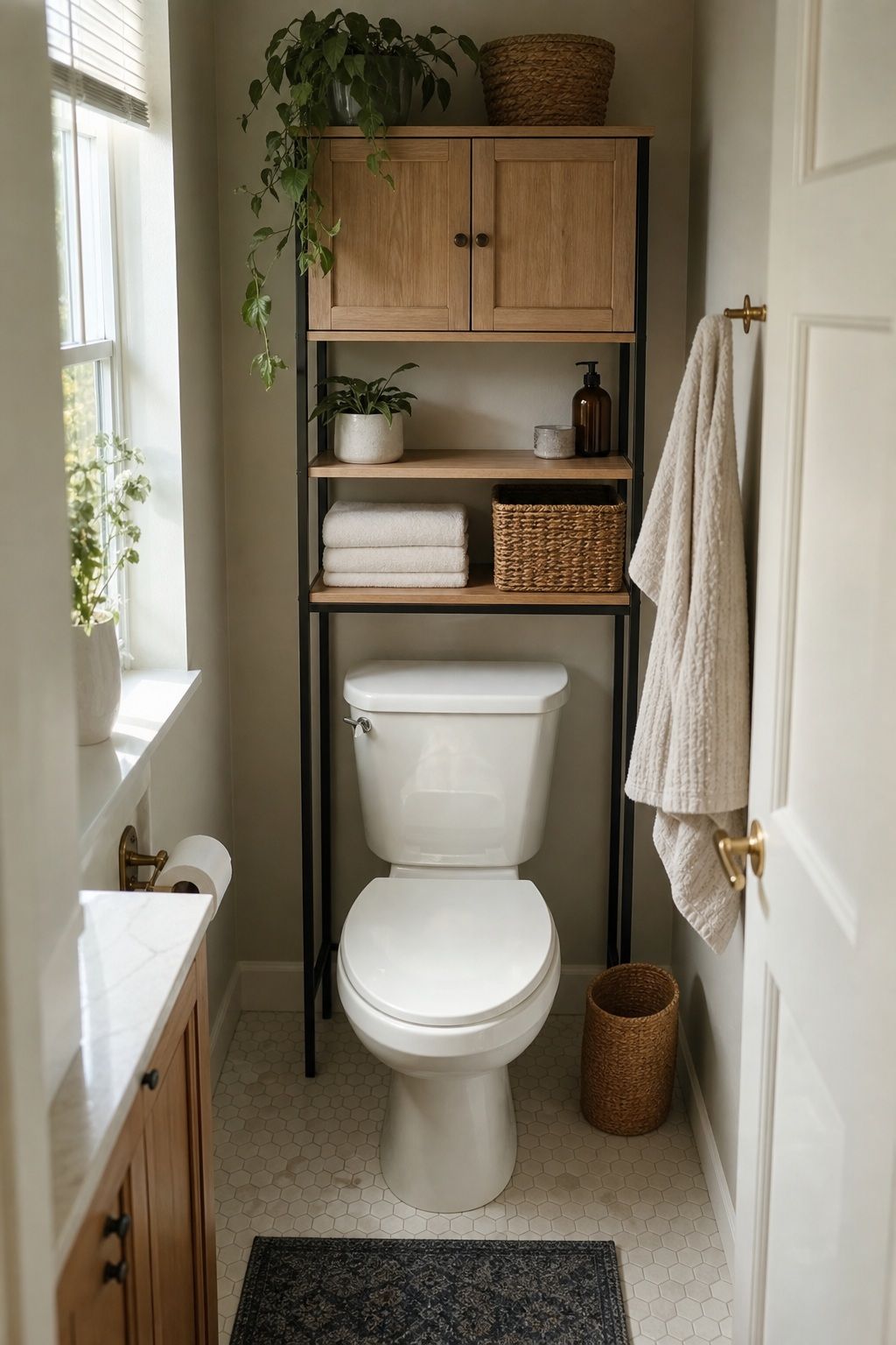 Install an Over-Toilet Shelf or Cabinet small apartment idea for Top 16 Small Apartment Bathroom Ideas That Maximize Every Inch.