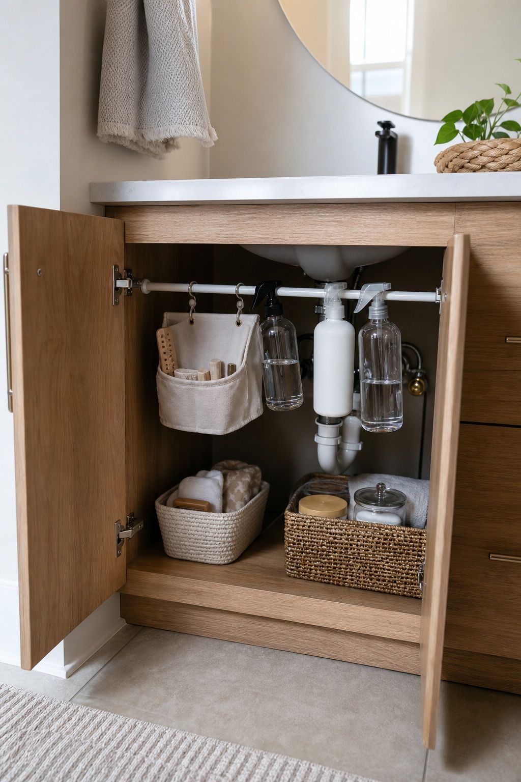 Add a Tension Rod Inside the Vanity small apartment idea for Top 16 Small Apartment Bathroom Ideas That Maximize Every Inch.