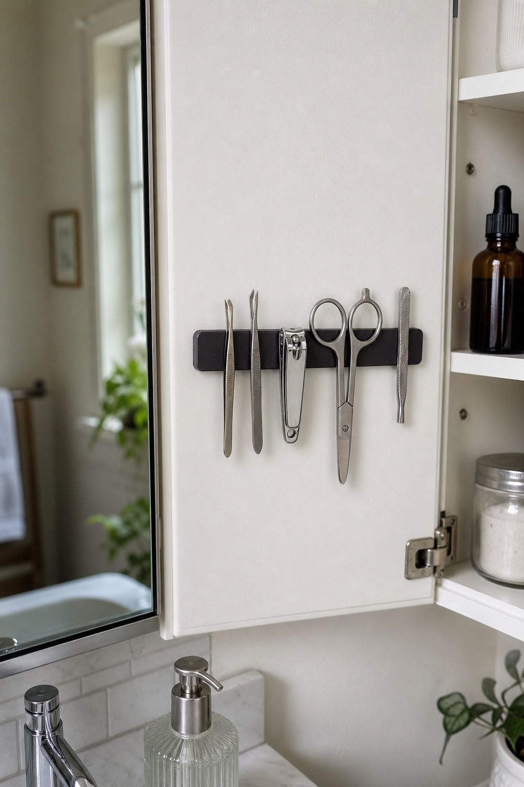 Add Magnetic Strips for Tweezers and Clippers small apartment idea for Top 16 Small Apartment Bathroom Ideas That Maximize Every Inch.