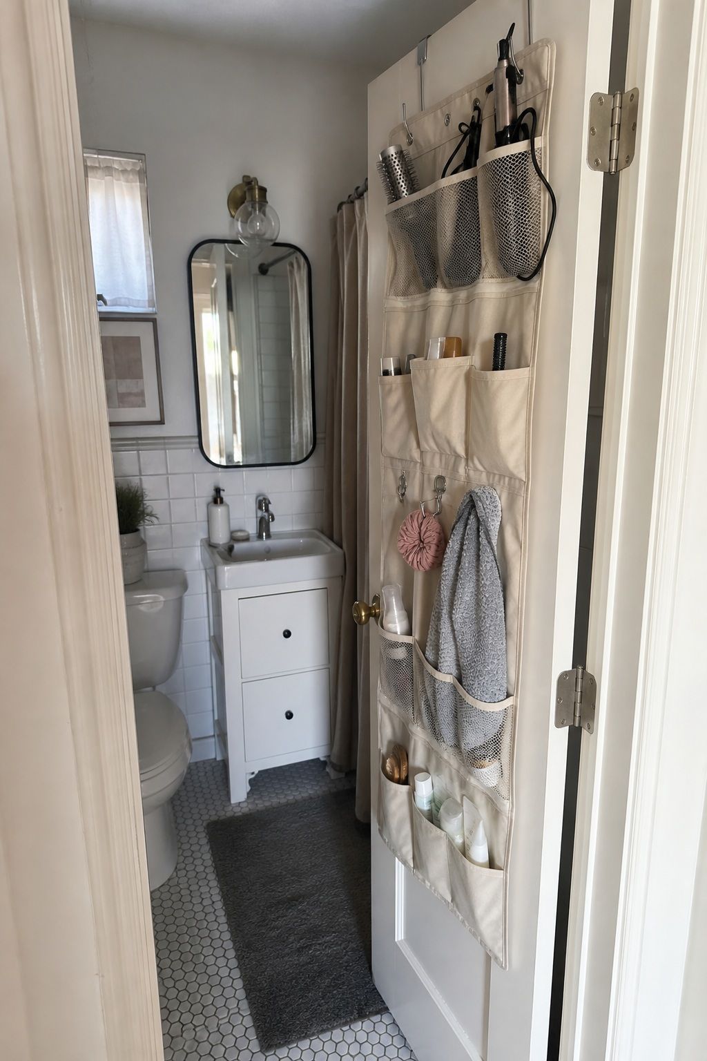 Hang a Behind-the-Door Organizer small apartment idea for Top 16 Small Apartment Bathroom Ideas That Maximize Every Inch.