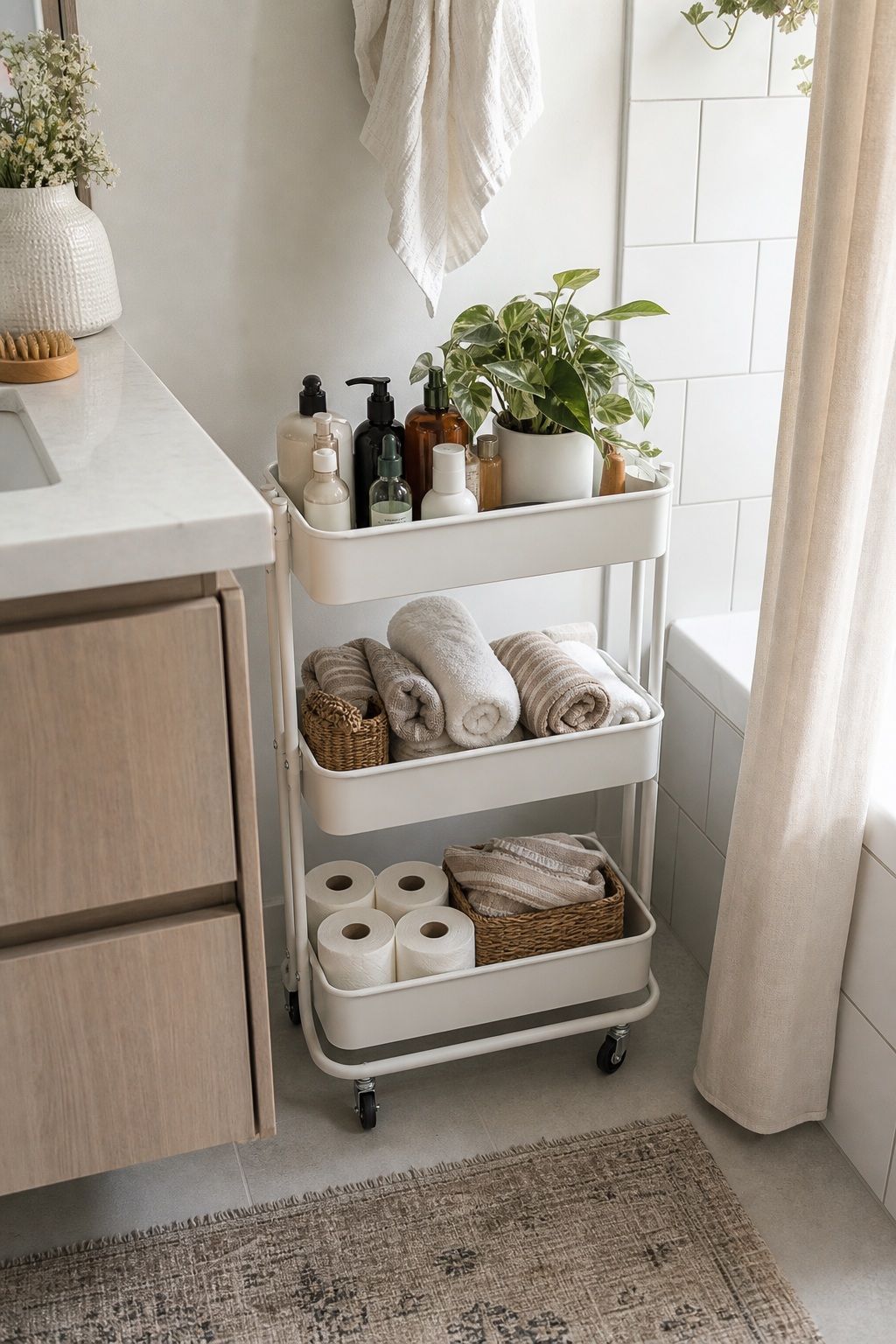 Stack a Three-Tier Rolling Cart small apartment idea for Top 16 Small Apartment Bathroom Ideas That Maximize Every Inch.