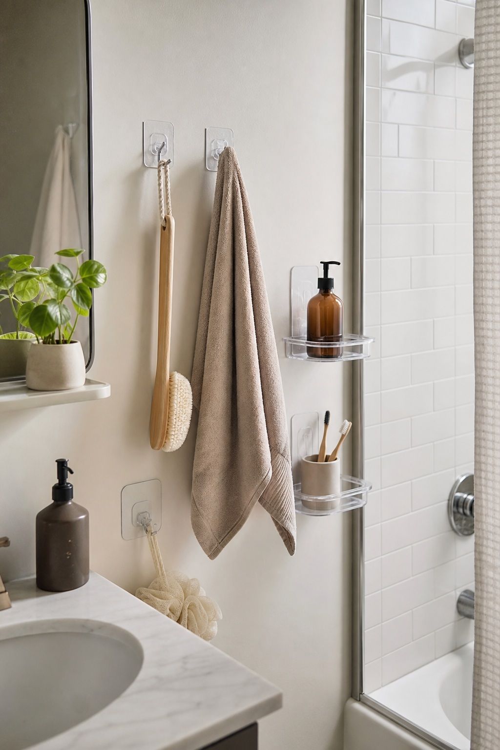 Use Adhesive Hooks and Shelves Everywhere small apartment idea for Top 16 Small Apartment Bathroom Ideas That Maximize Every Inch.