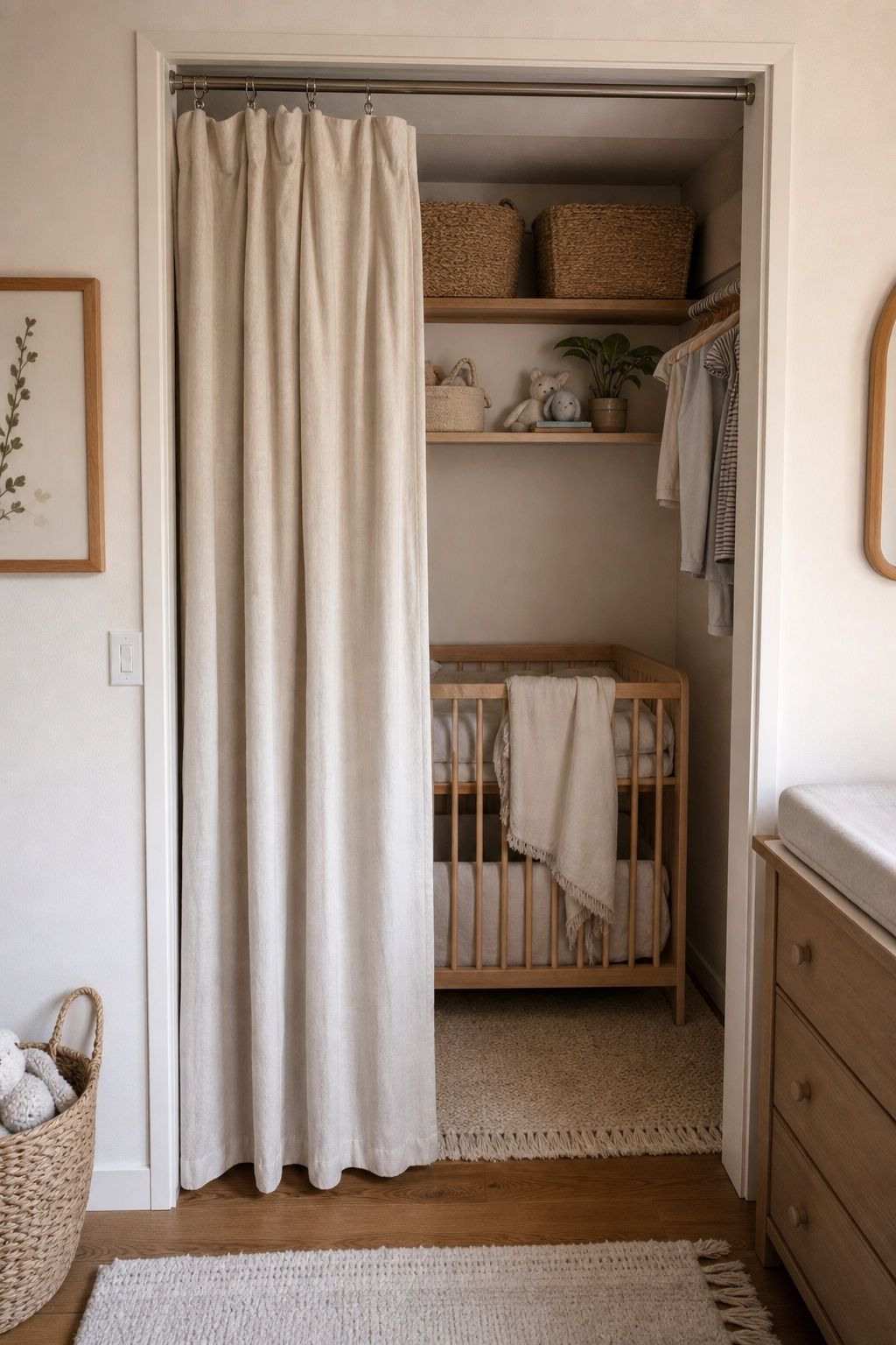 Closet Nursery with Curtain Divider small apartment idea for Top 16 Small Apartment Nursery Ideas That Maximize Tiny Spaces.