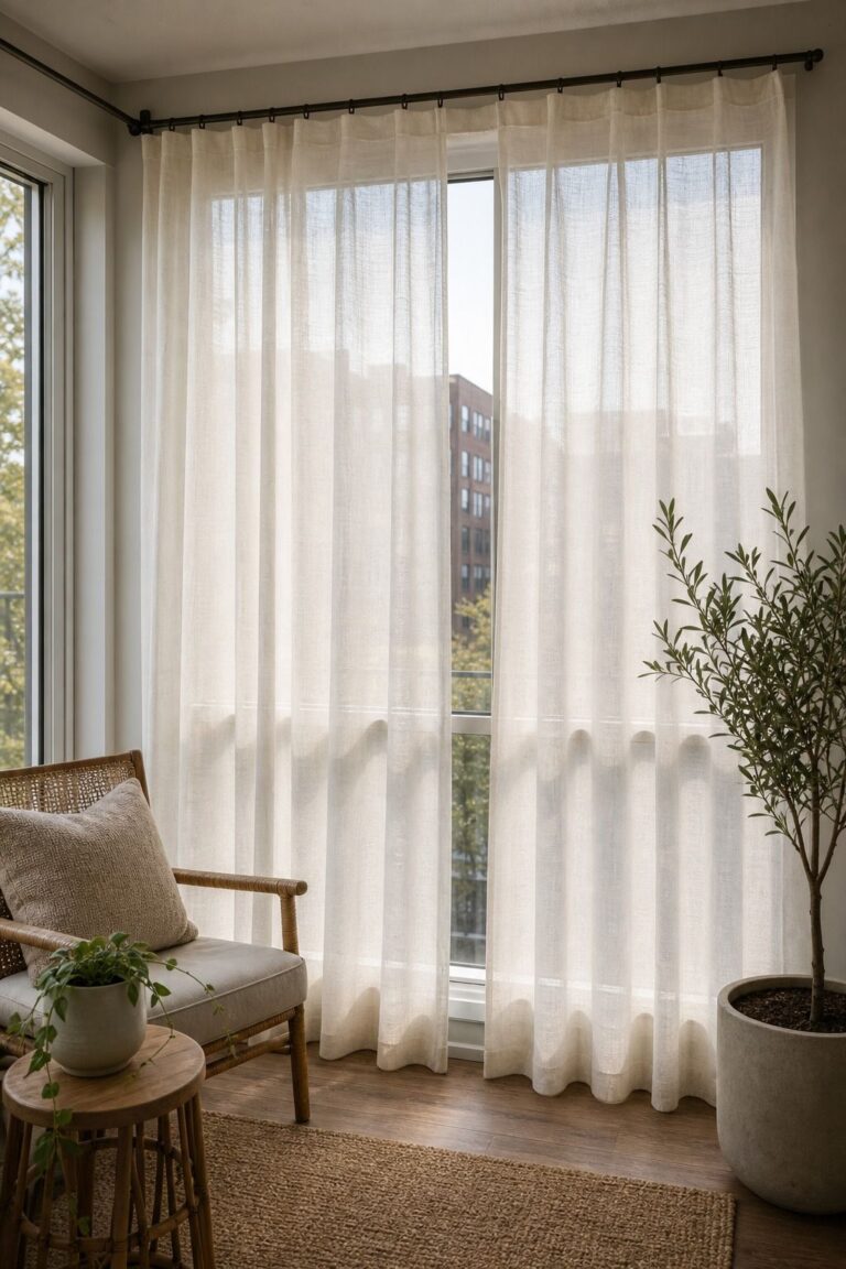 Sheer Linen Panels in Cream or Oatmeal small apartment idea for Top 17 Sunroom Curtain Ideas for a Soft, Sun-Drenched Look.