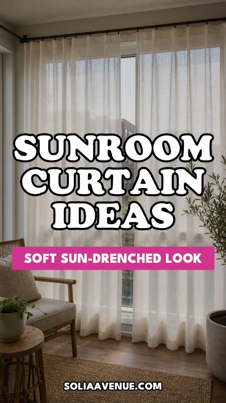 Pinterest pin for Top 17 Sunroom Curtain Ideas for a Soft, Sun-Drenched Look from Solia Avenue.