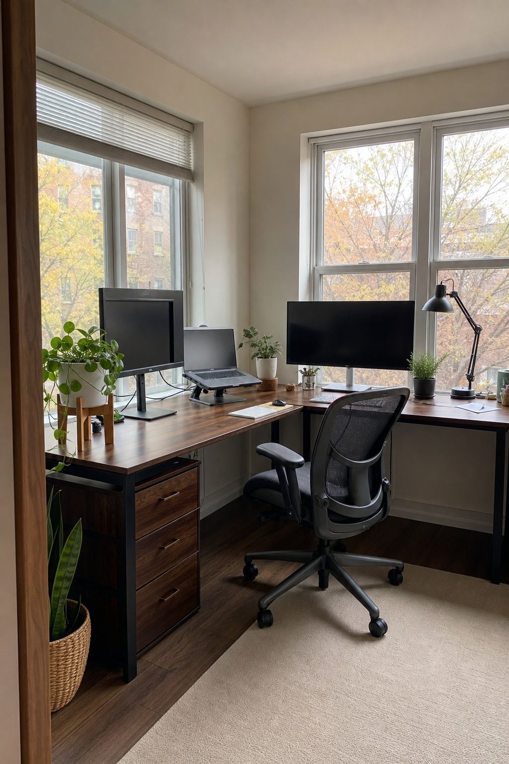 An L-Shaped Desk for Dual Monitors small apartment idea for Top 16 Sunroom Office Ideas for a Bright Apartment Workspace.