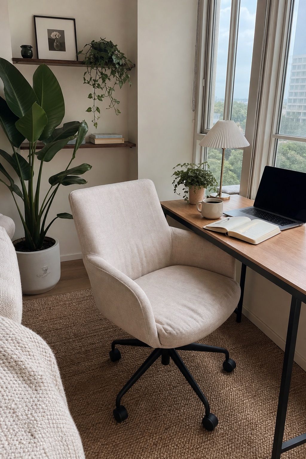 A Pretty Linen Office Chair for Aesthetics small apartment idea for Top 16 Sunroom Office Ideas for a Bright Apartment Workspace.