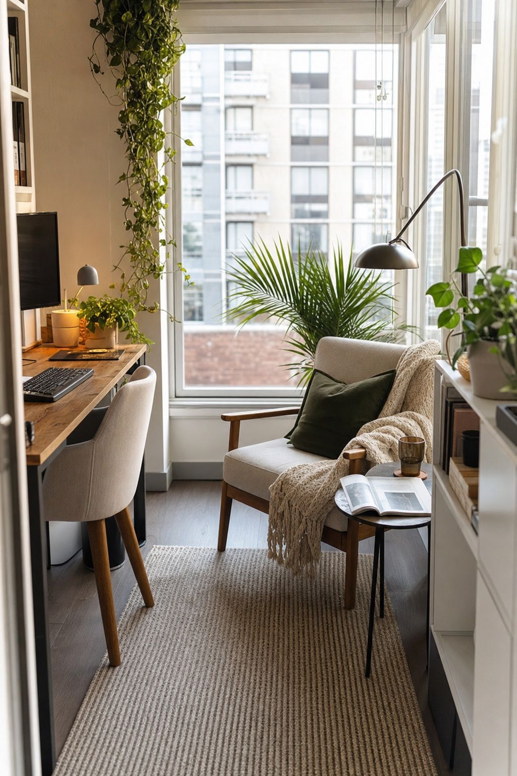 A Secondary Lounge Chair for Reading small apartment idea for Top 16 Sunroom Office Ideas for a Bright Apartment Workspace.