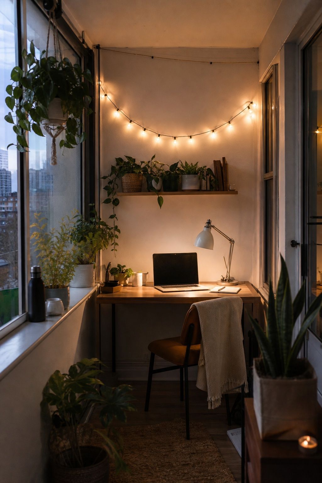 String Lights Above the Desk for Mood small apartment idea for Top 16 Sunroom Office Ideas for a Bright Apartment Workspace.