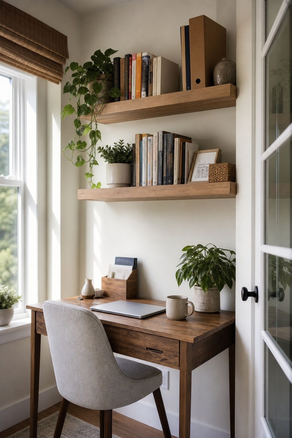 A Pair of Floating Wall Shelves for Books small apartment idea for Top 16 Sunroom Office Ideas for a Bright Apartment Workspace.