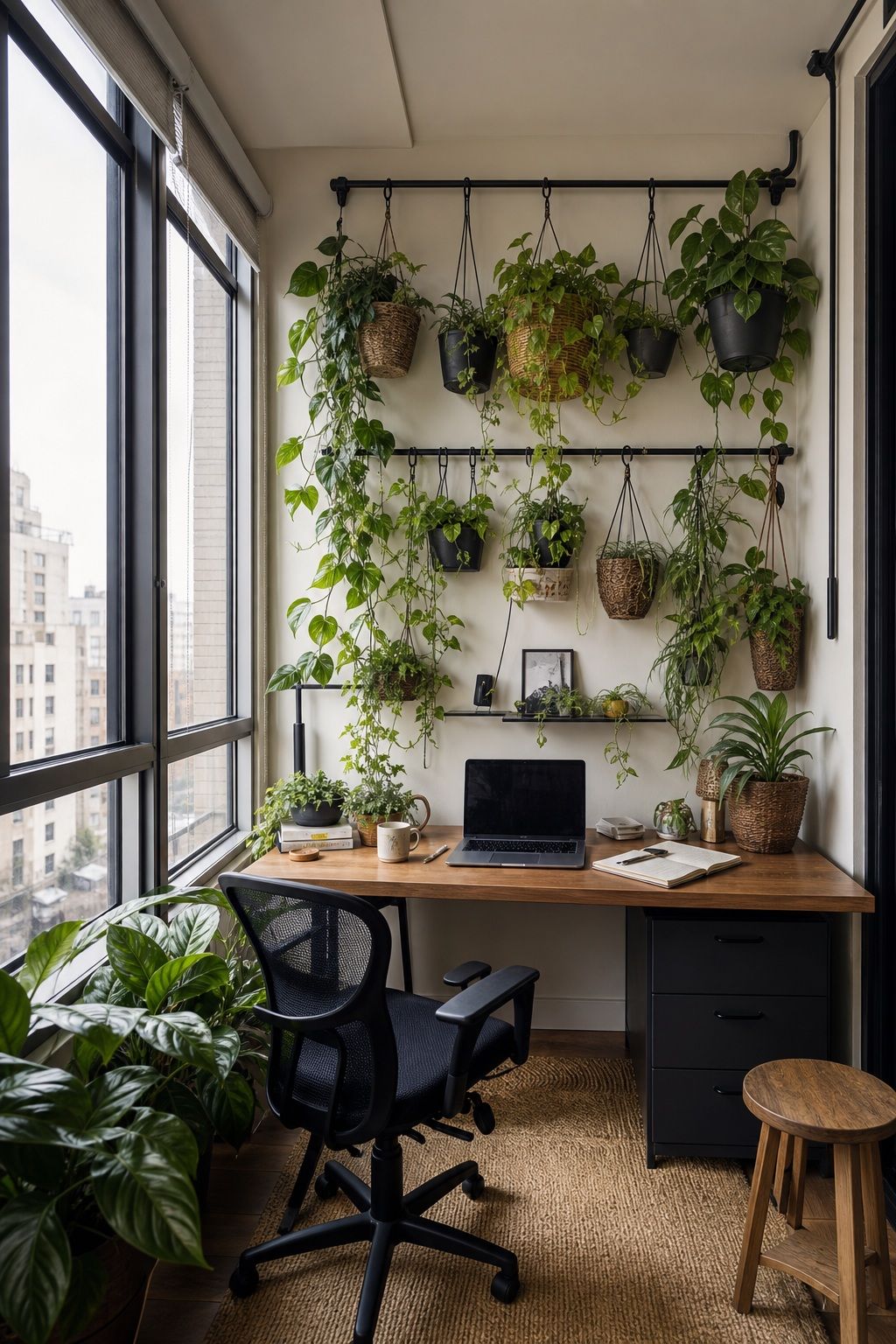 A Wall of Hanging Plants Above the Desk small apartment idea for Top 16 Sunroom Office Ideas for a Bright Apartment Workspace.