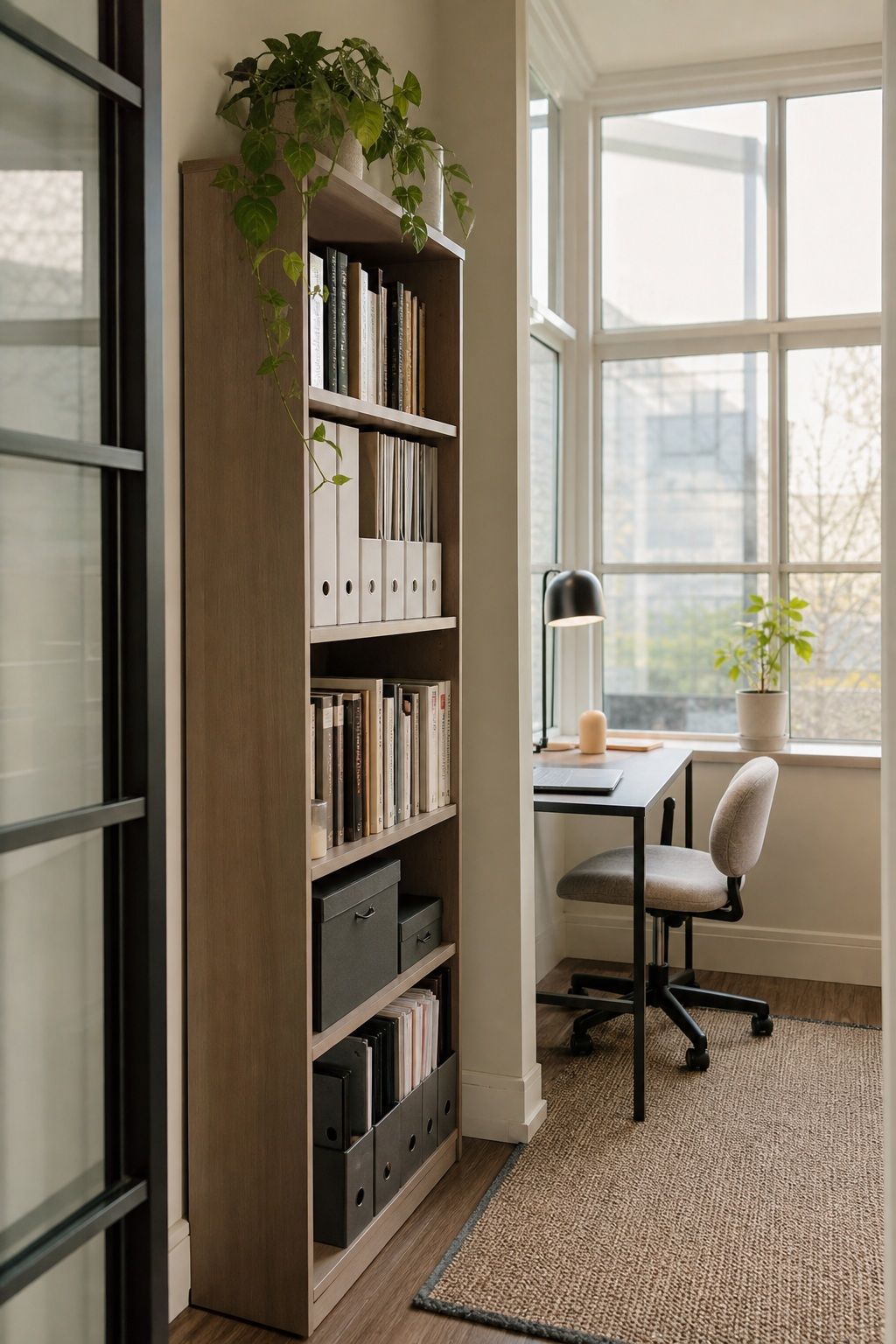 A Slim Bookcase for Files and Reference Materials small apartment idea for Top 16 Sunroom Office Ideas for a Bright Apartment Workspace.