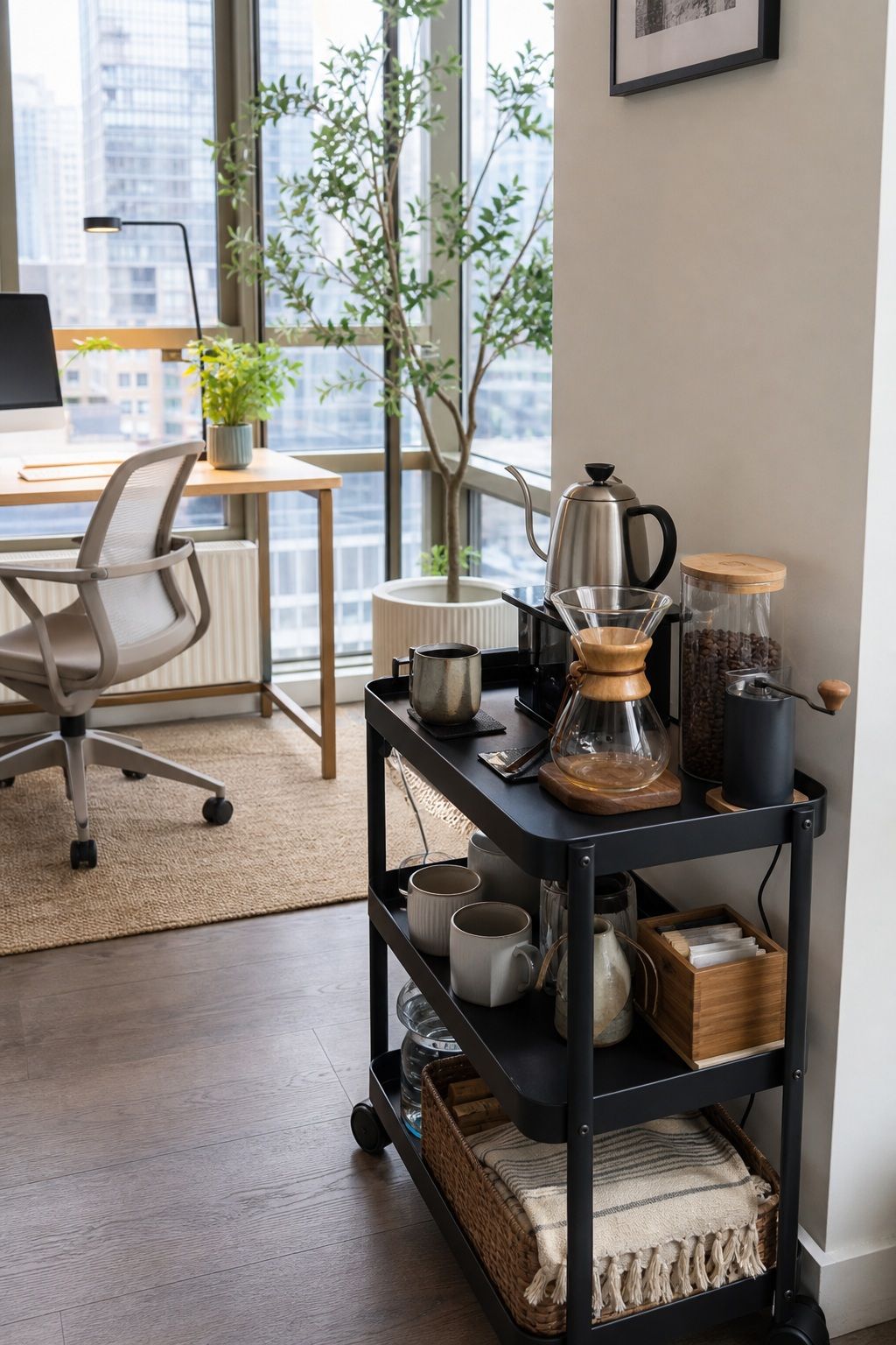 A Coffee Station Cart for Workday Fuel small apartment idea for Top 16 Sunroom Office Ideas for a Bright Apartment Workspace.