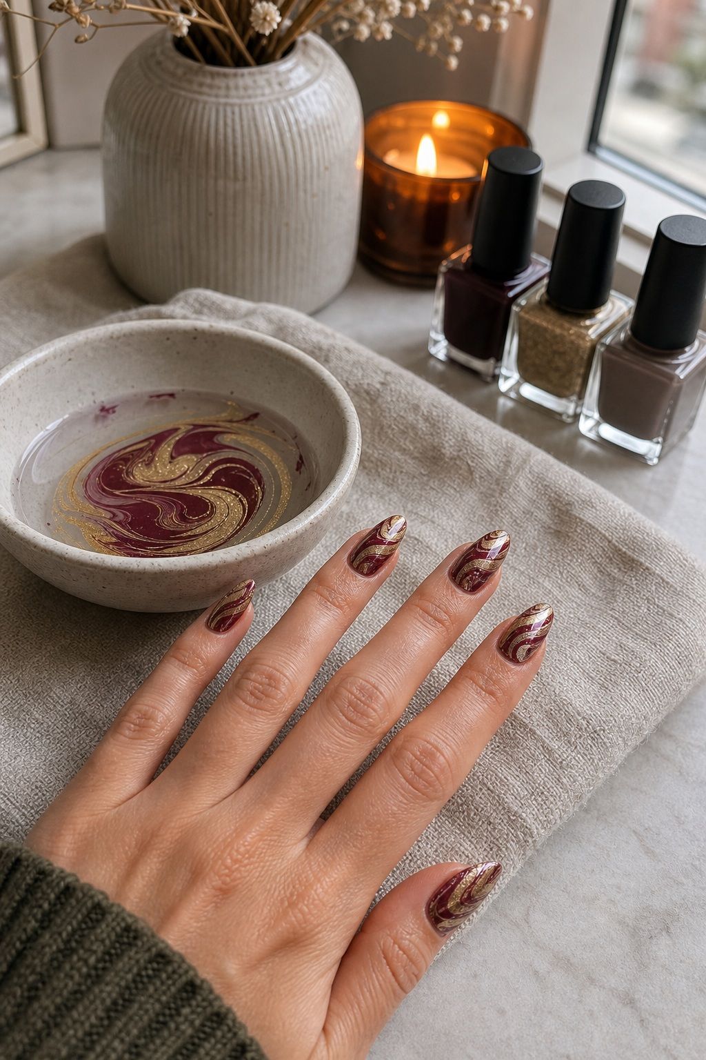 Water Marbled Cranberry and Gold small apartment idea for Top 20 Thanksgiving Nails Ideas to Try This Season for Festive Fingertips.