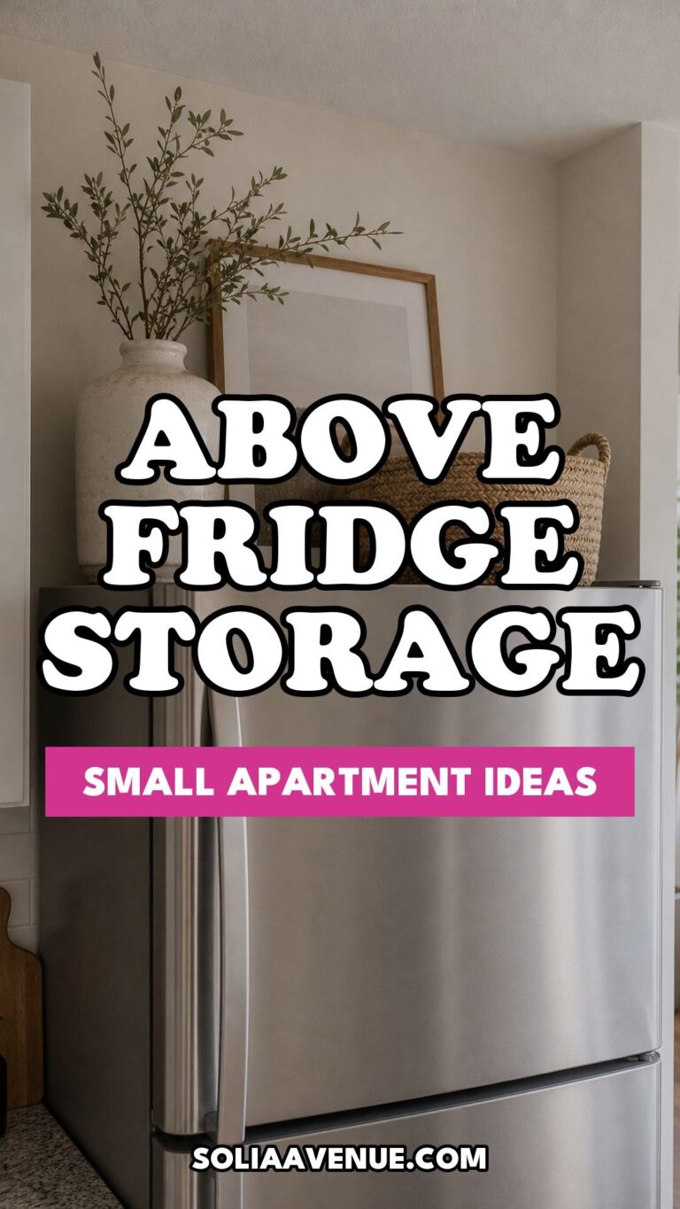 Pinterest pin for Top 17 Above Fridge Storage and Decor Ideas for Small Apartments from Solia Avenue.
