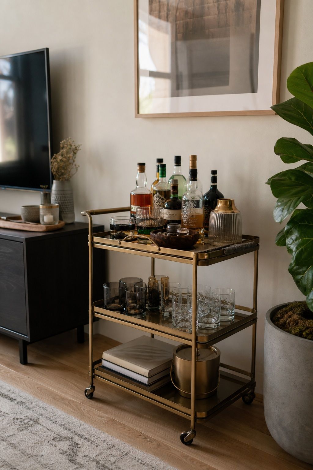 Start With a Bar Cart in the Right Finish small apartment idea for Top 18 Bar Ideas for Home Living Rooms in Small Apartments.