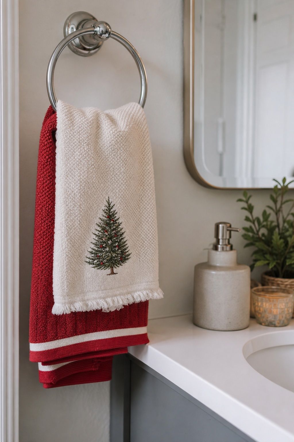 Swap in Christmas Hand Towels small apartment idea for Top 17 Bathroom Christmas Decor Ideas for Small Apartments.