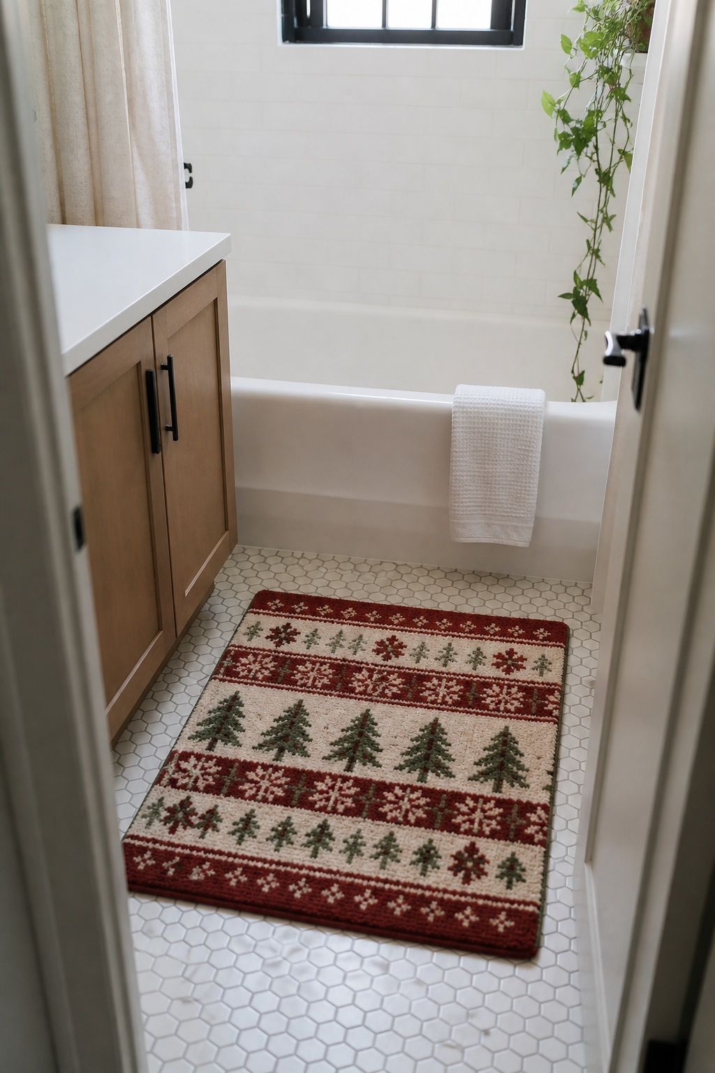 Change the Bath Mat to a Seasonal Tone small apartment idea for Top 17 Bathroom Christmas Decor Ideas for Small Apartments.