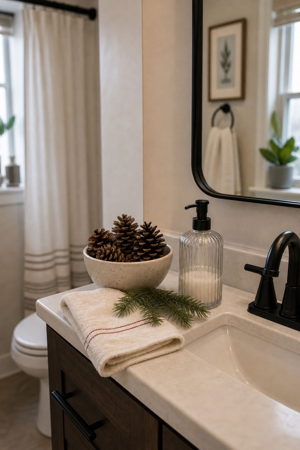 Style a Small Bowl of Pinecones small apartment idea for Top 17 Bathroom Christmas Decor Ideas for Small Apartments.